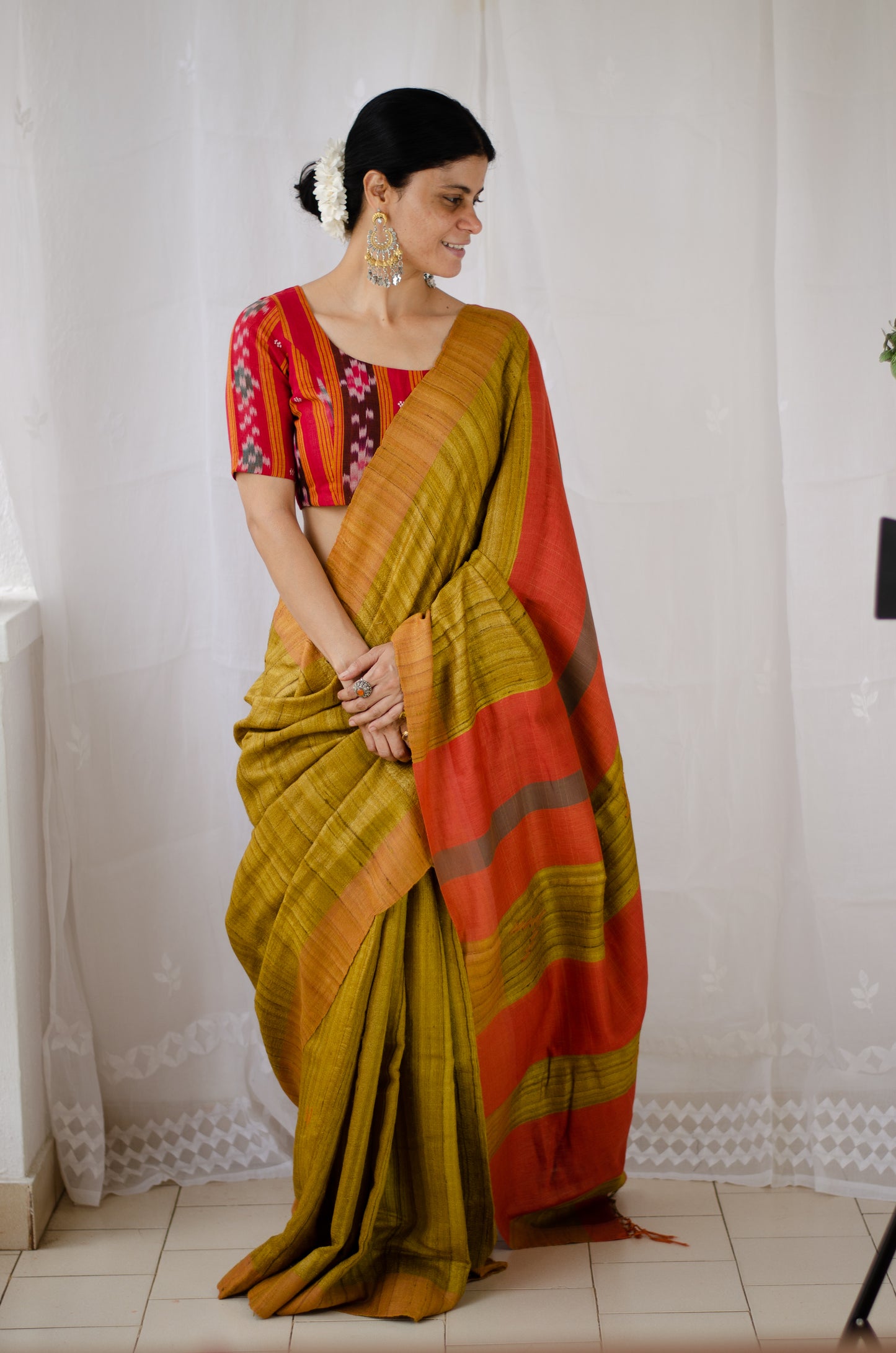 Mustard & Mehandi Mix Colour Handloom Tussar Silk Saree.