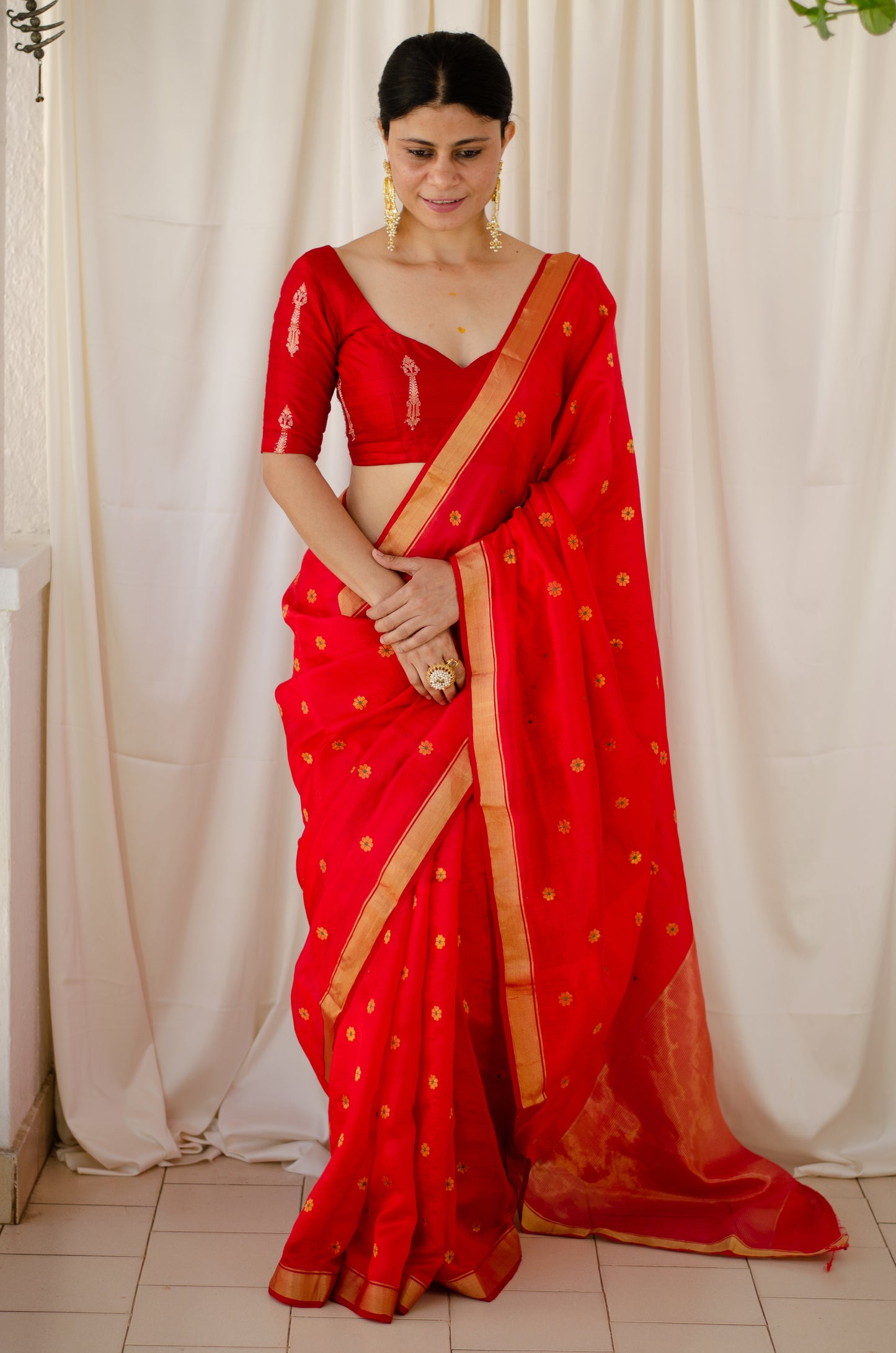 Red Colour Handloom Chanderi Pattu Silk Saree with motifs