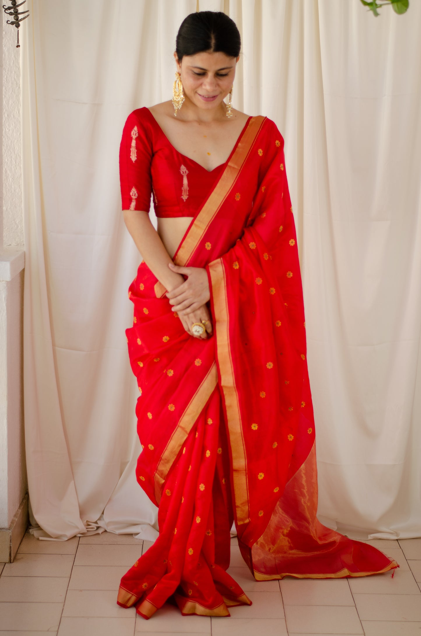 Red Colour Handloom Chanderi Pattu Silk Saree with motifs