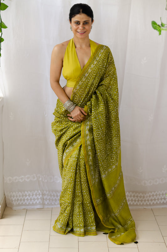 Pure Chanderii Silk Saree in handblock printed  with  tassels
