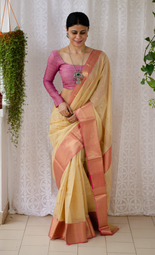 Beige Colour Handloom Chanderi Tissue Silk Saree with zari  bootis motifs.