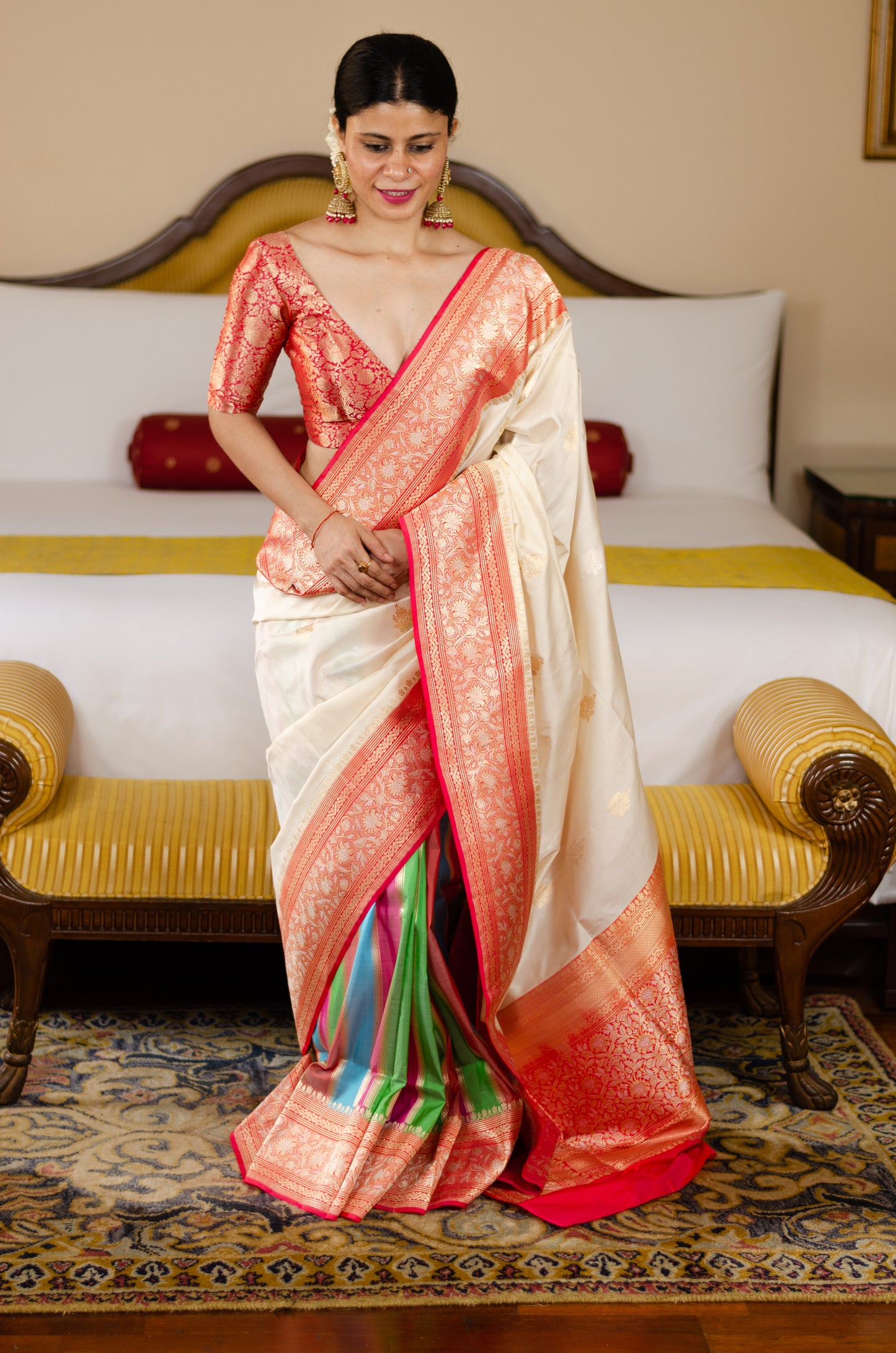 Rich Off white colour anchal and Multicoloured striped in Pleats Pure  Katan Silk Kadwa Handwoven Banarasi saree.