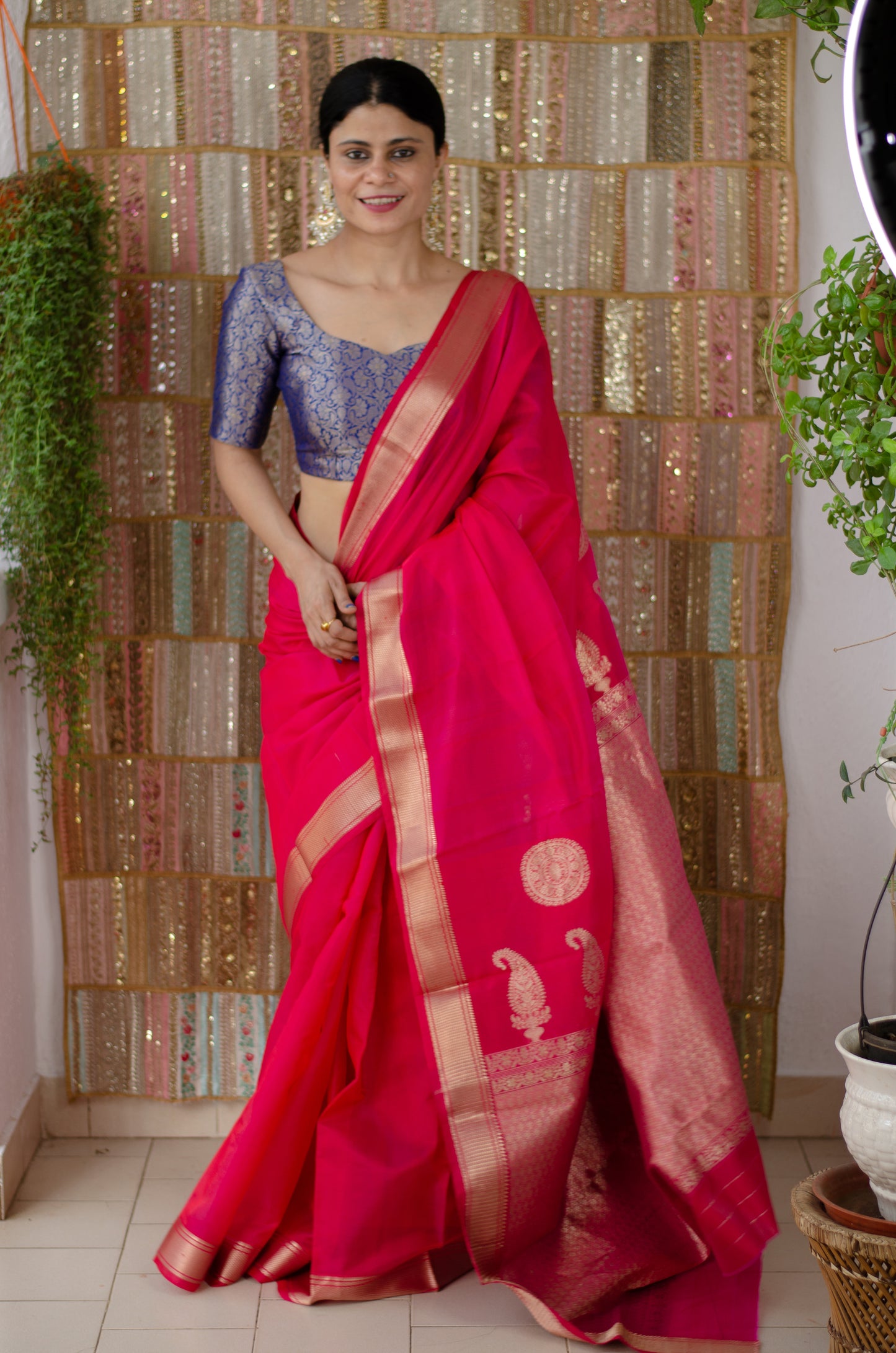Deep Rani Pink  Colour Handloom Chanderi Katan Silk Saree.