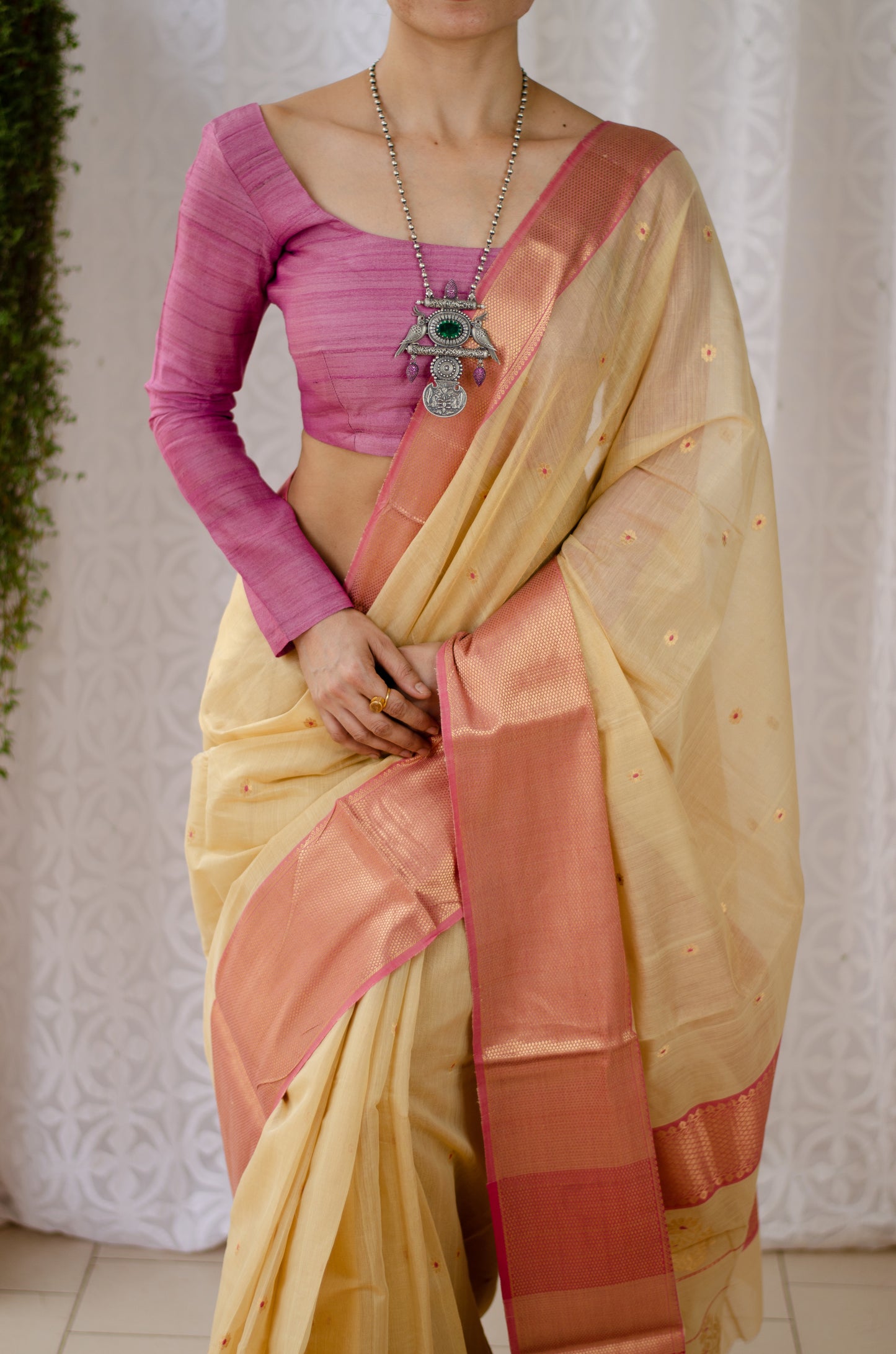 Beige Colour Handloom Chanderi Tissue Silk Saree with zari  bootis motifs.