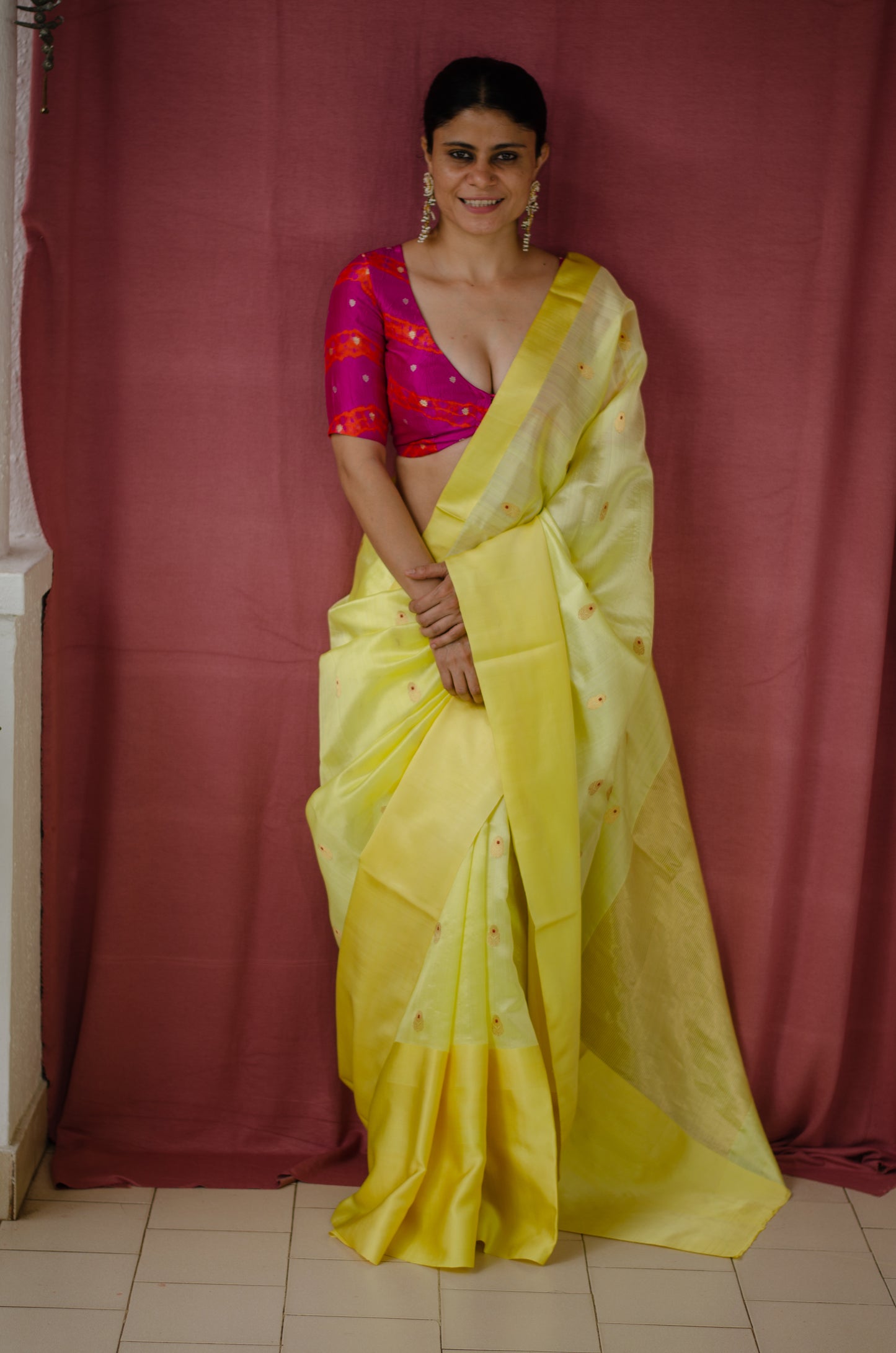 Neon Yellow Colour With  Mashru Border Handloom Chanderi Silk Saree.
