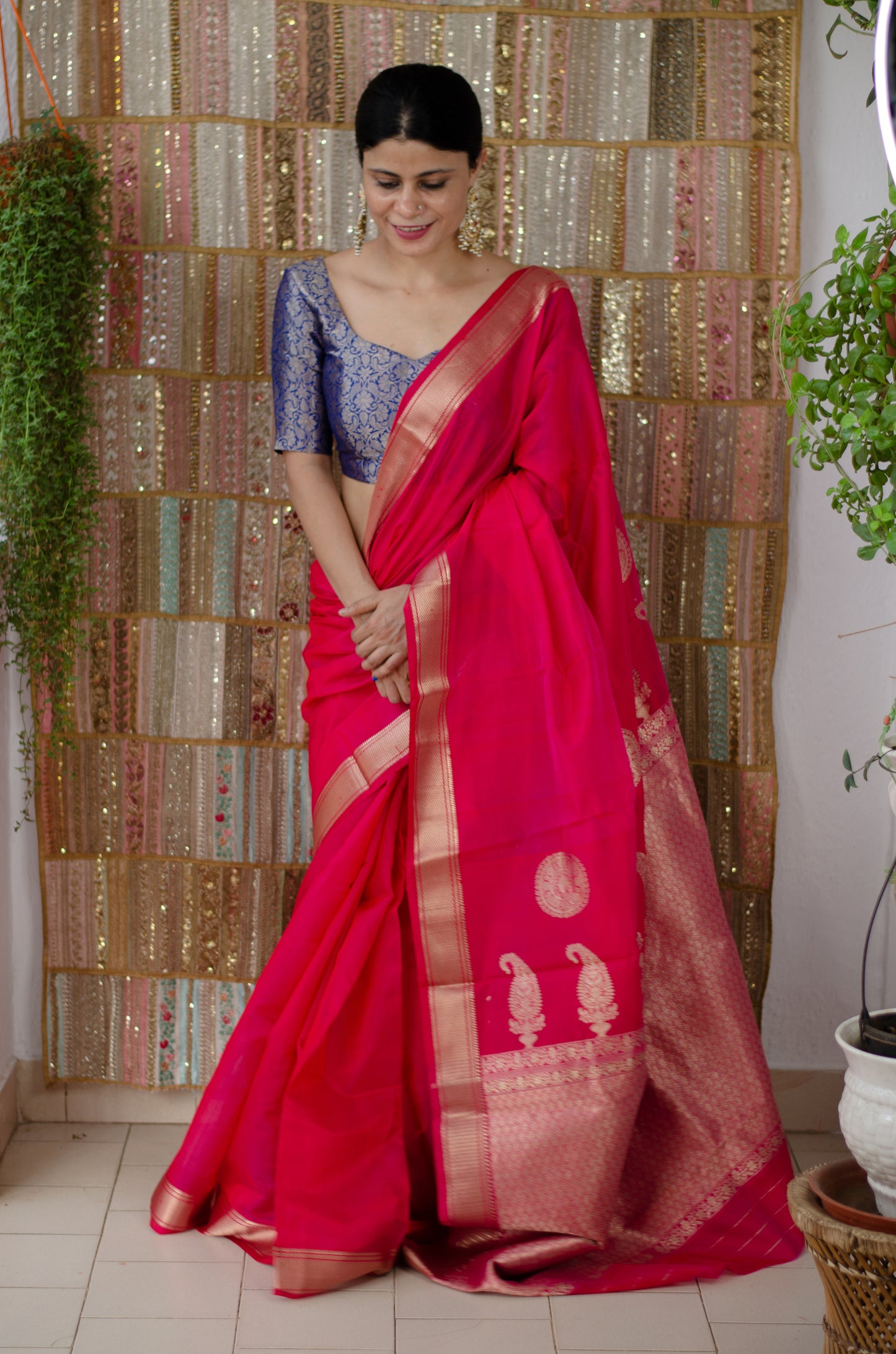 Deep Rani Pink  Colour Handloom Chanderi Katan Silk Saree.