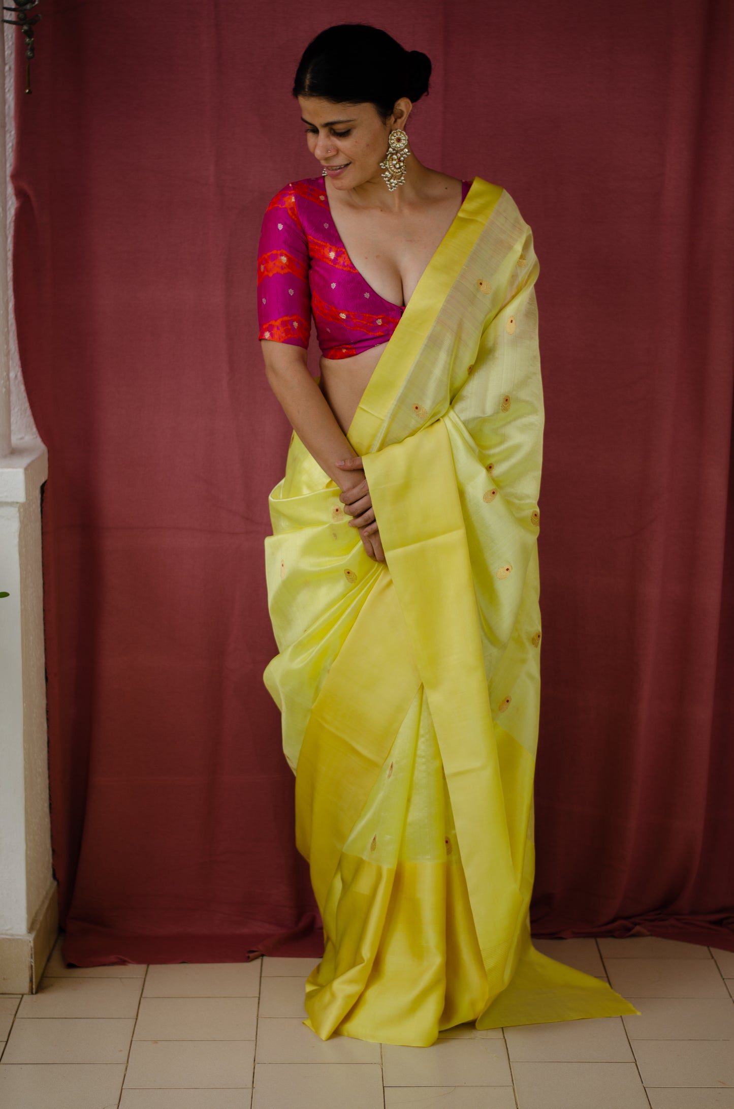 Neon Yellow Colour With  Mashru Border Handloom Chanderi Silk Saree.
