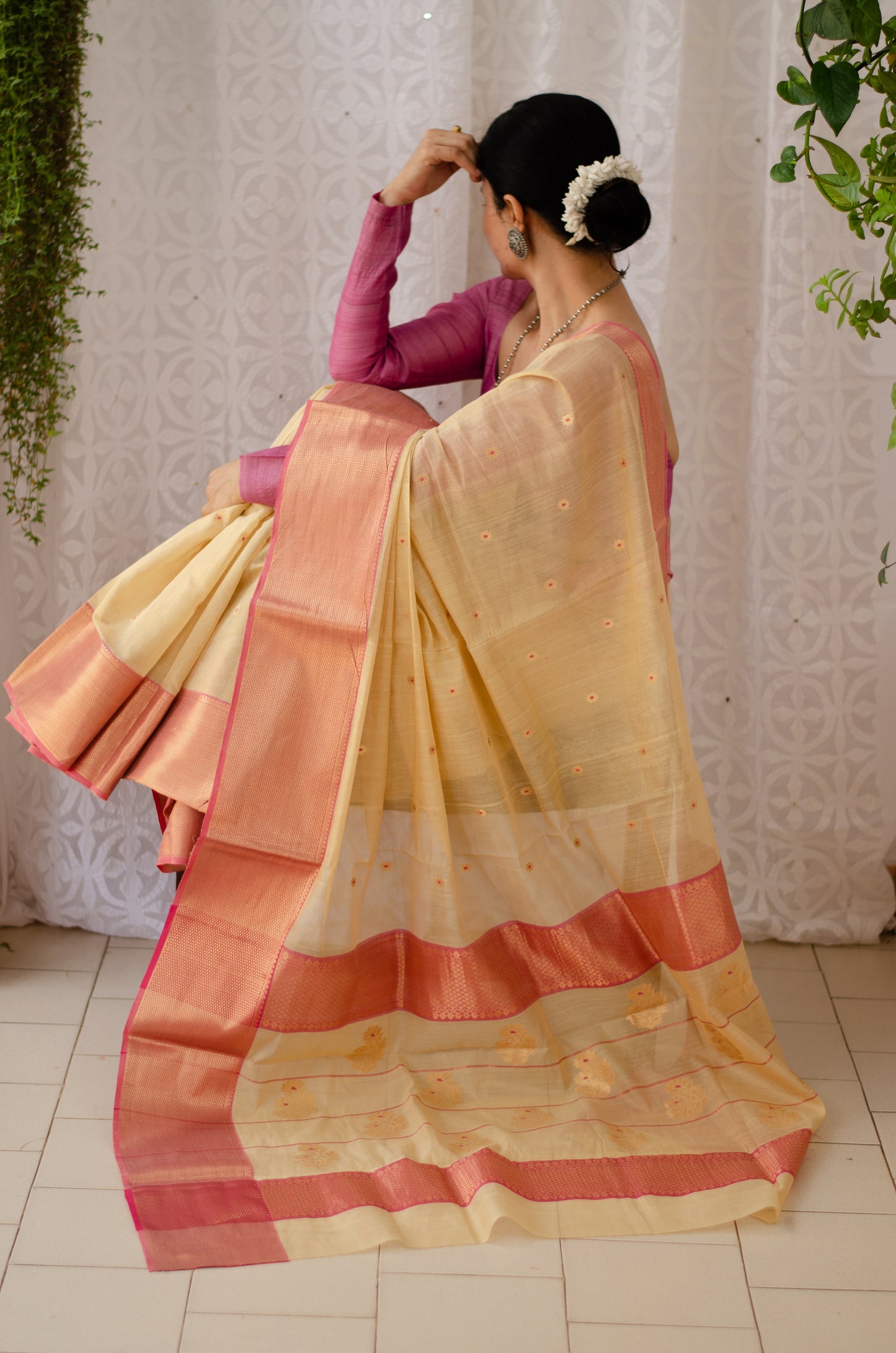 Beige Colour Handloom Chanderi Tissue Silk Saree with zari  bootis motifs.