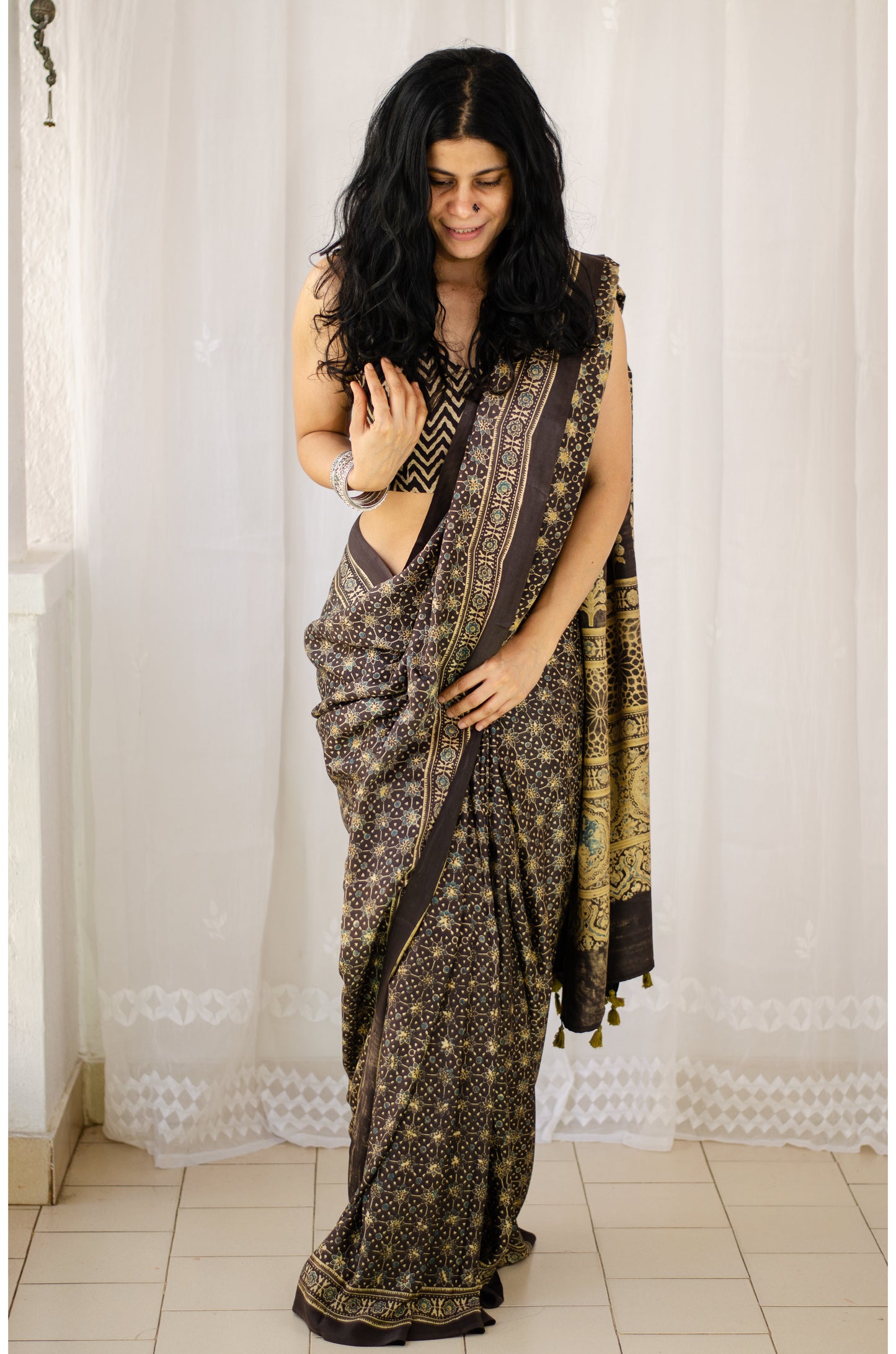 Natural Dyed Handblock Printed Ajrakh Gaji Silk Saree