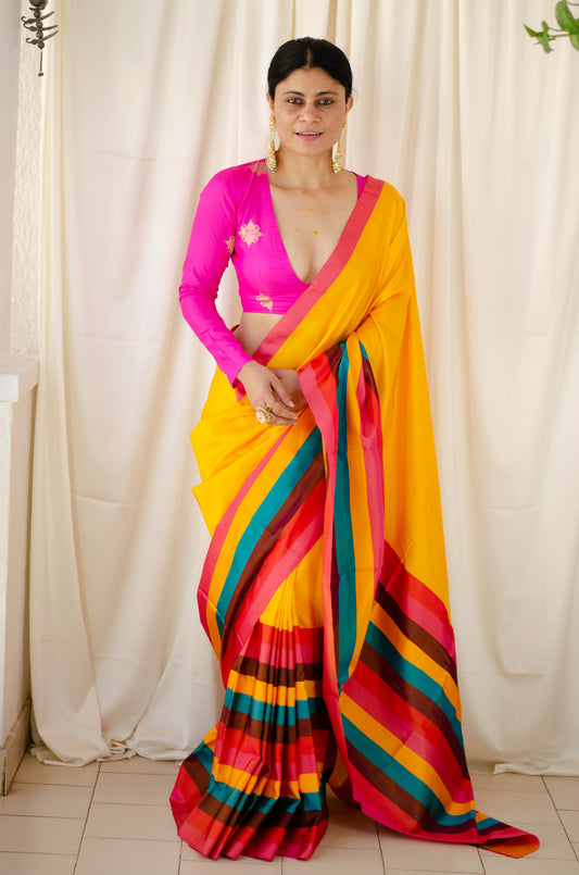 Yellow Colour Handloom Chanderi Pattu Silk Saree with Mashru border