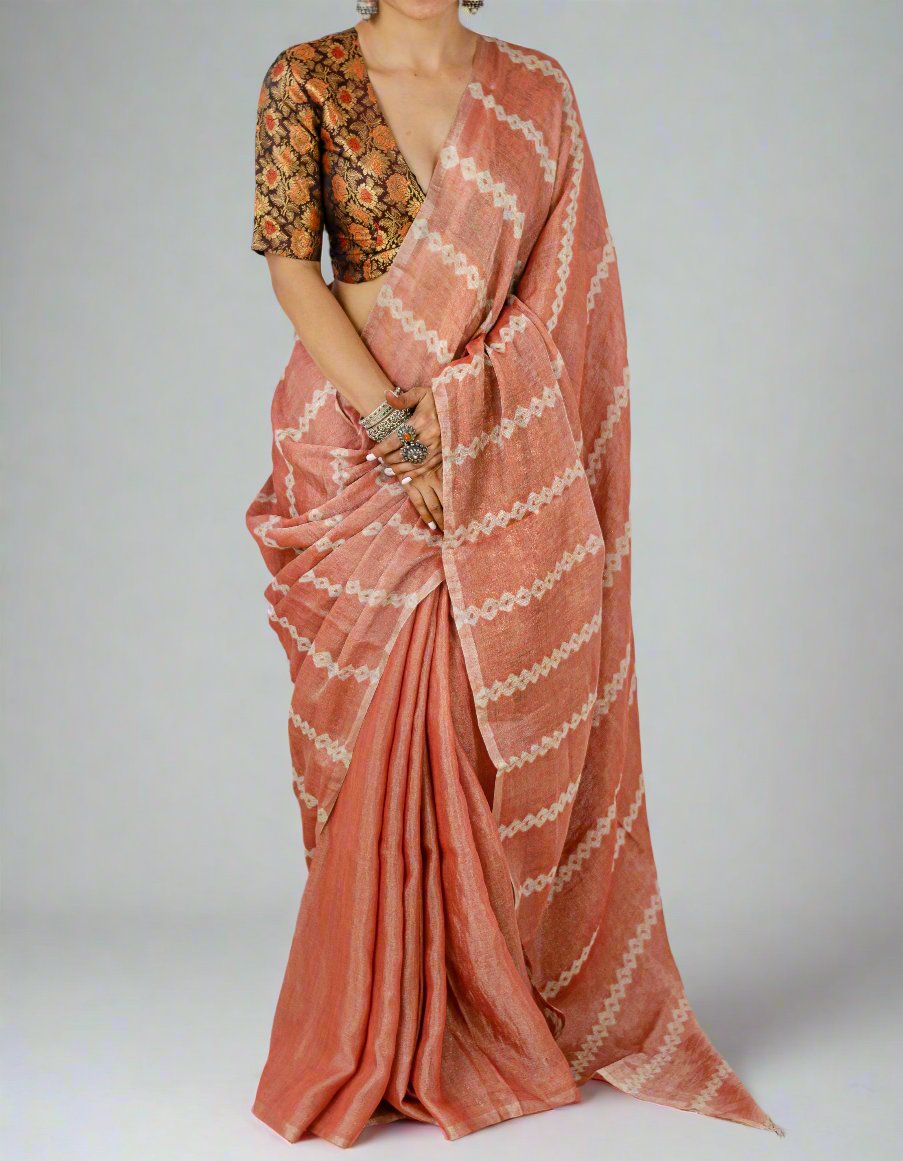 Lac Colour Natural Dyed Handmade Arashi Shibori Metallic Linen Saree.