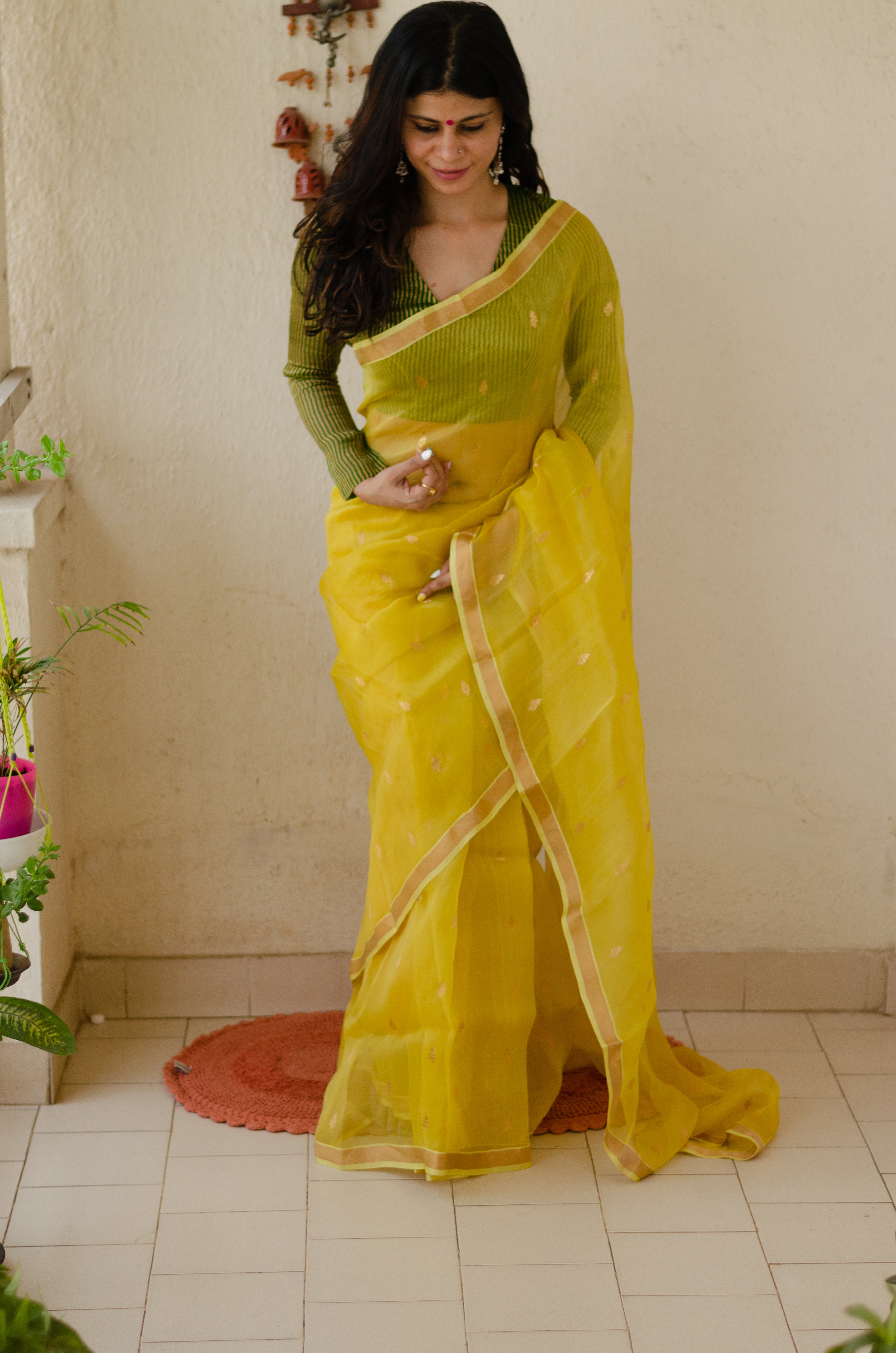 Handloom Chanderi Saree with ReshamEmbroidery intricate Floral Butas &Zari Ethnic Border