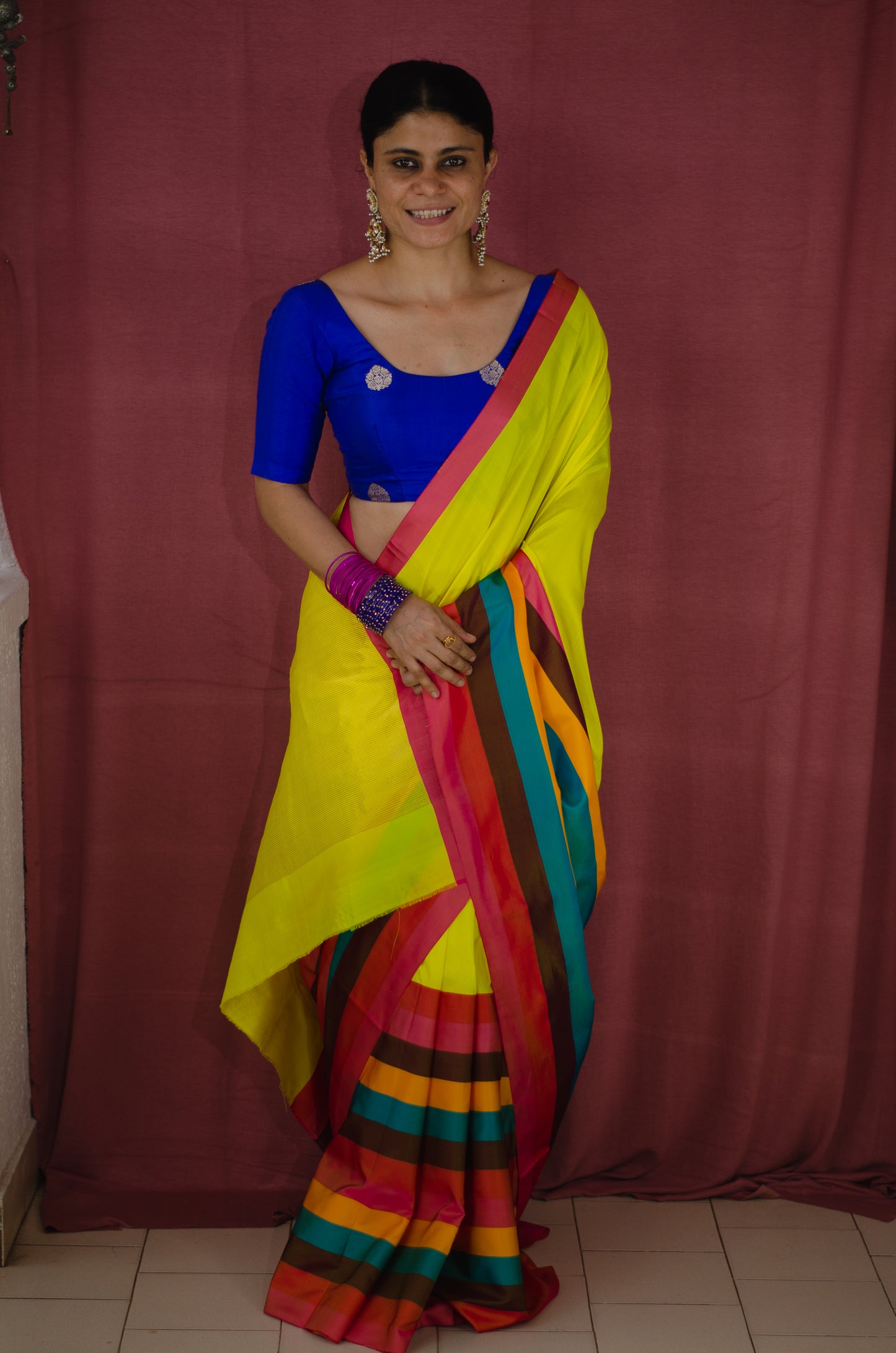 Yellow Colour With Multicolour Pure Mashroo Silk Handloom Chanderi Silk Saree with Zari Motifs.