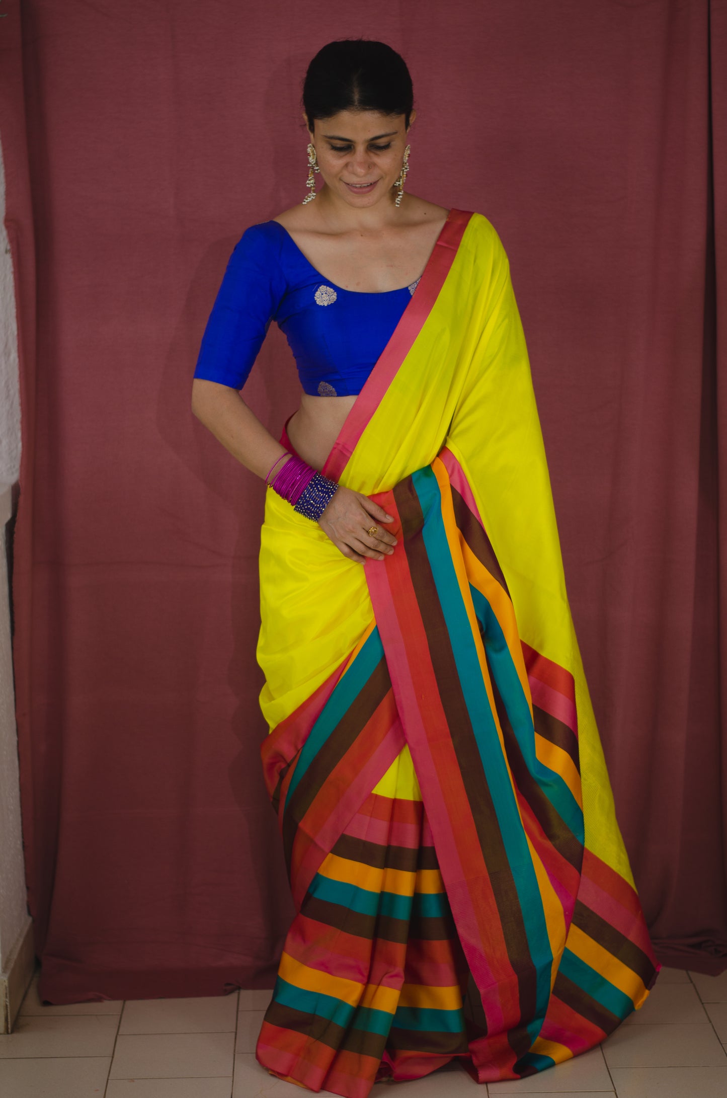 Yellow Colour With Multicolour Pure Mashroo Silk Handloom Chanderi Silk Saree with Zari Motifs.