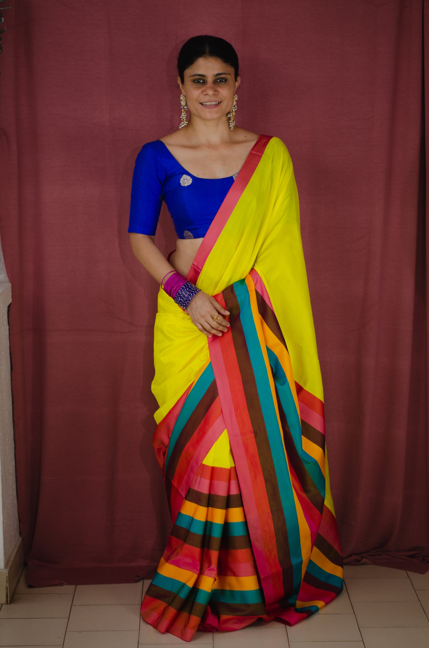 Yellow Colour With Multicolour Pure Mashroo Silk Handloom Chanderi Silk Saree with Zari Motifs.