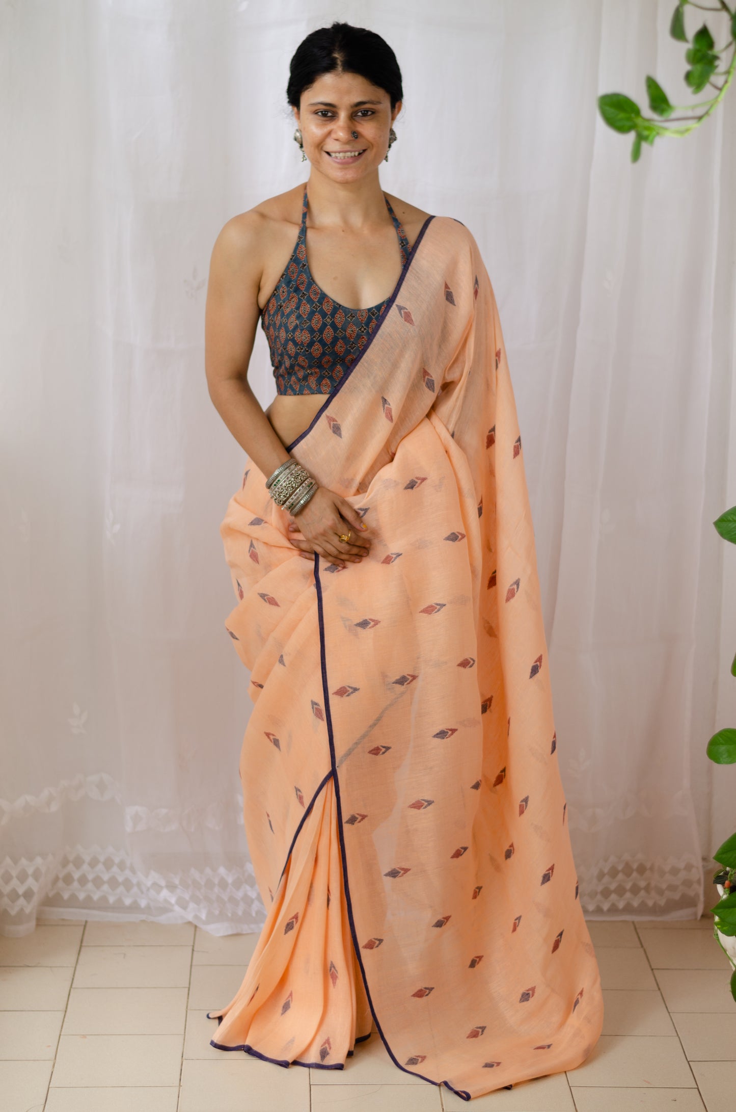 Handloom Linen Saree with jamdani