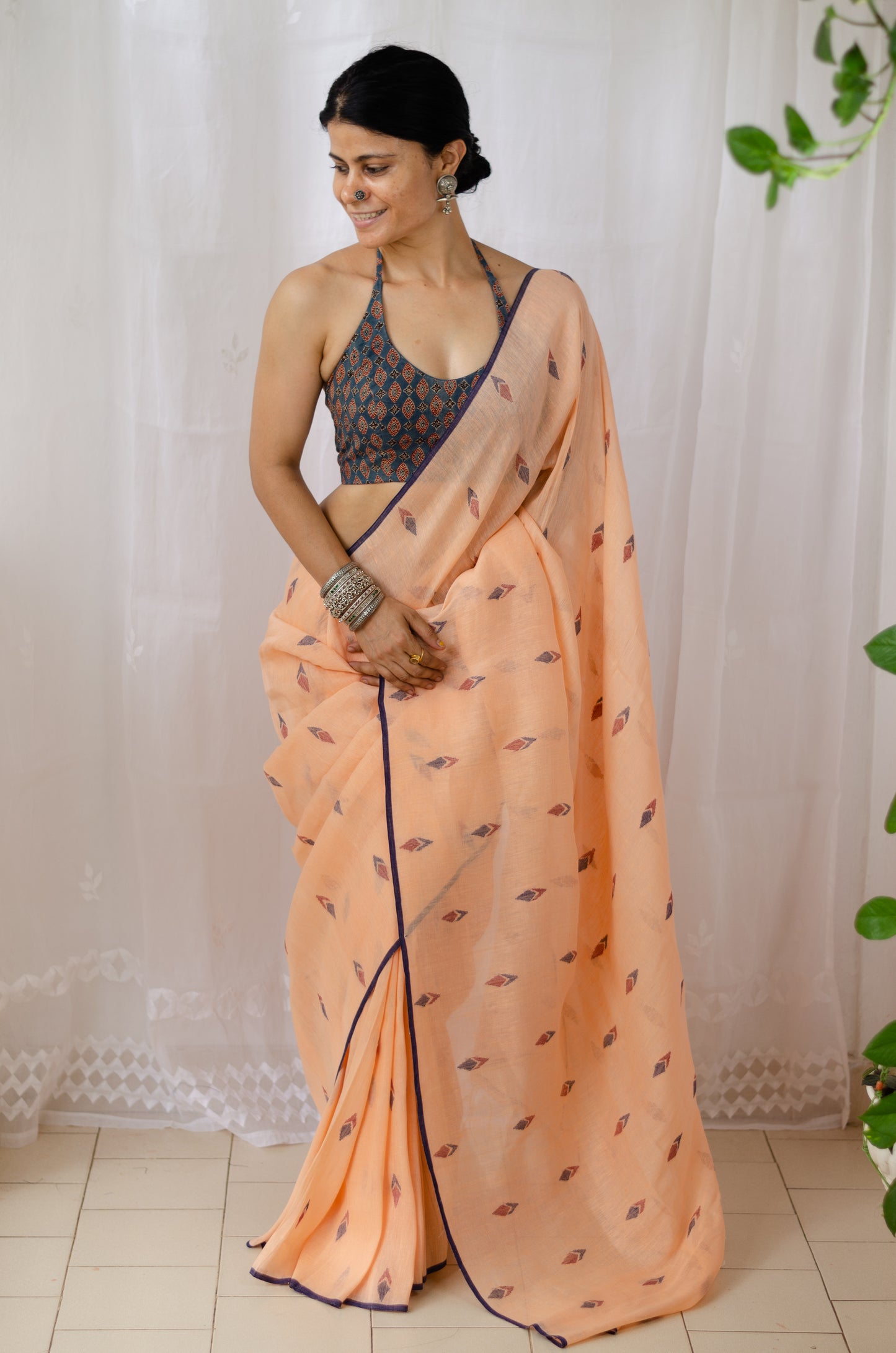 Handloom Linen Saree with jamdani