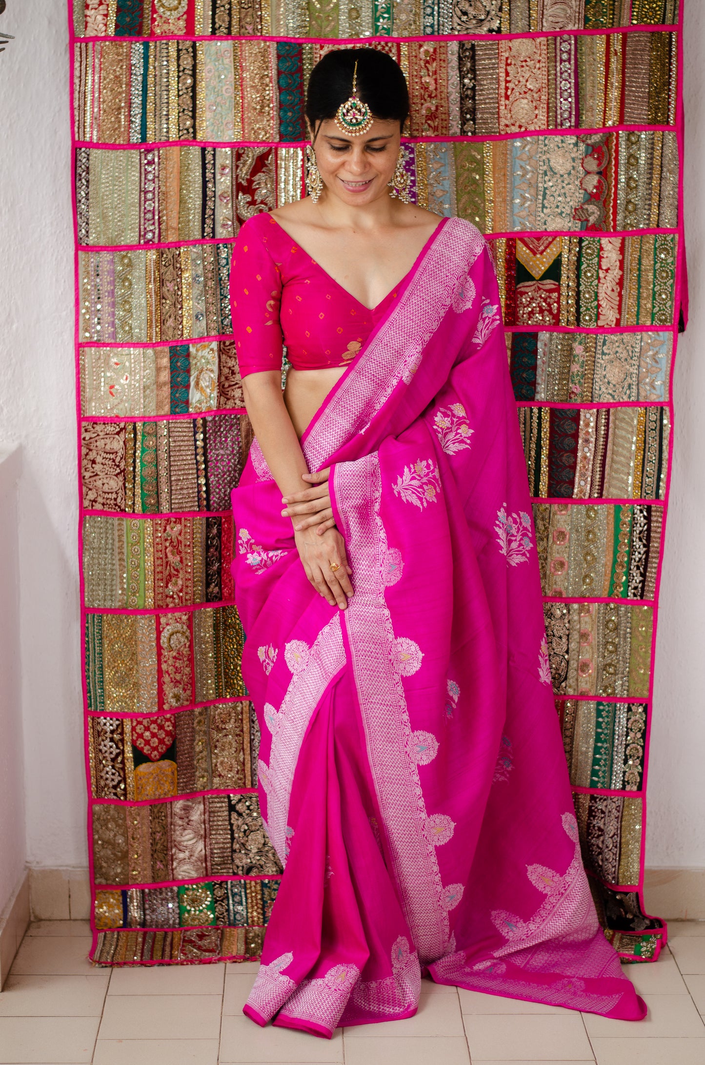 Rani Pink Colour Handwoven Banarasi Moonga Tussar Silk Saree