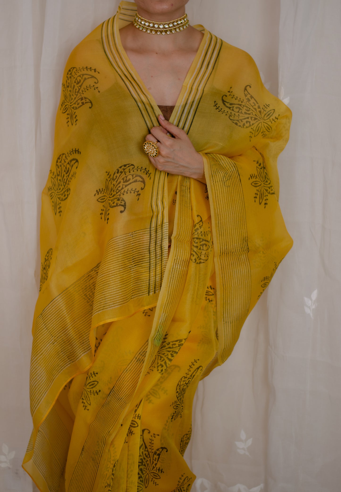 Mustard Colour  handblock printed organza  silk saree