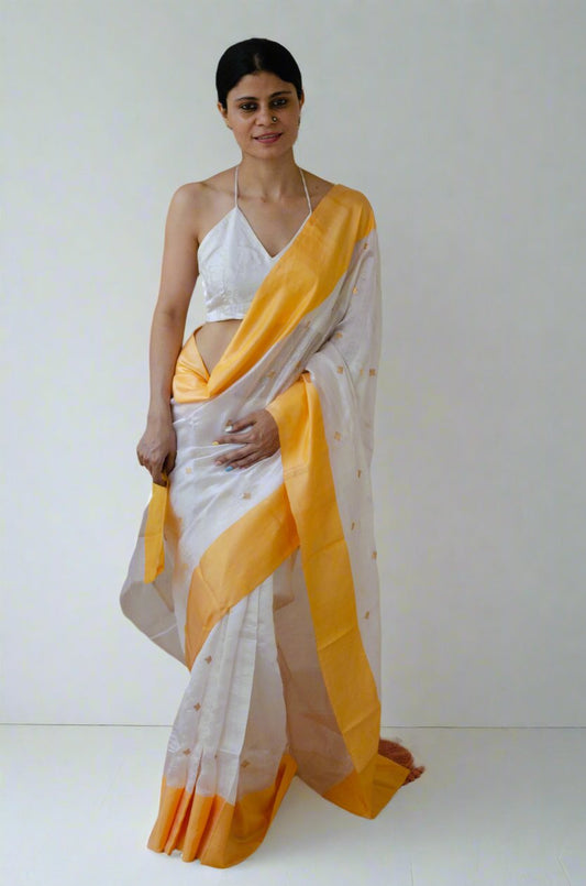 Cream  Colour Handloom Chanderi pattu silk Saree with Zari Motifs.