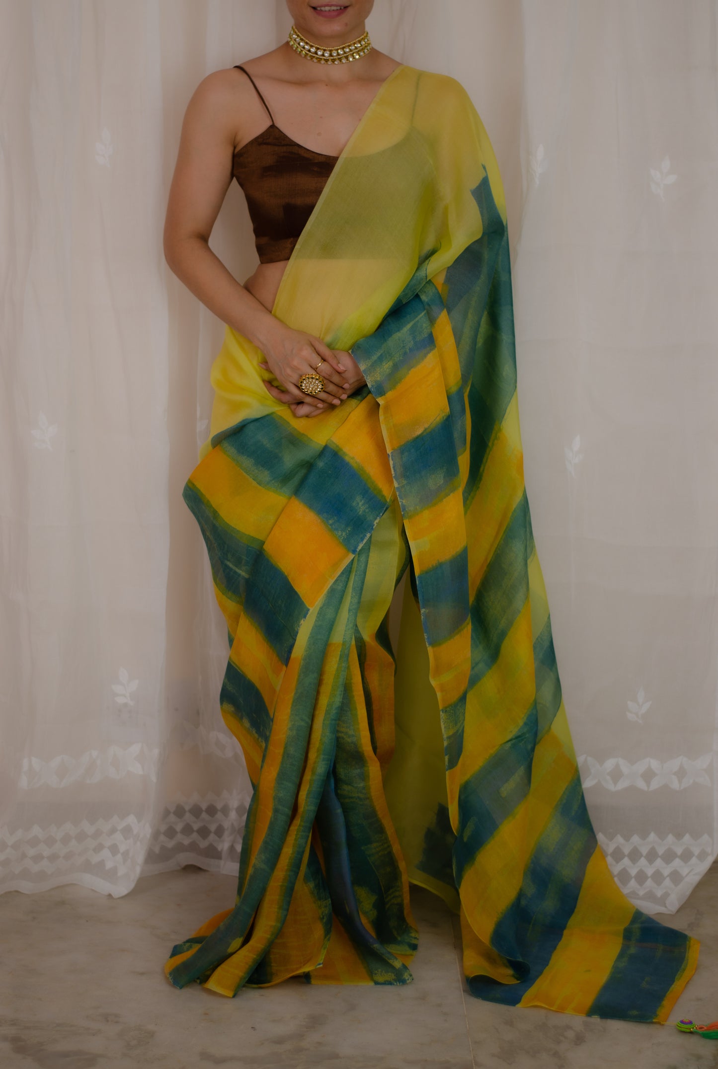 yellow and green colour handblock printed organza  silk saree