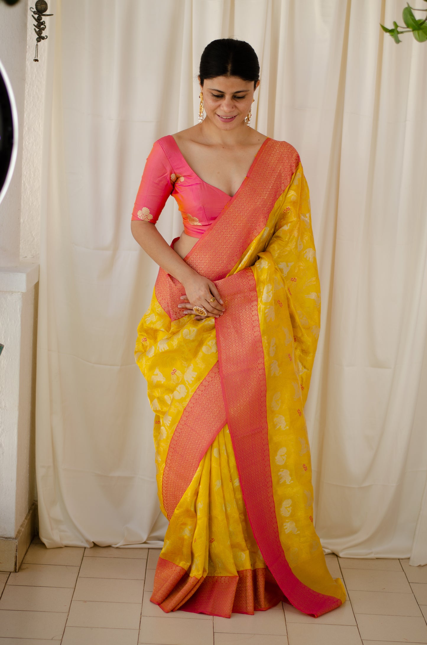 Yellow & Rani Border Colour Handloom Chanderi Pattu Silk Saree with Jaal motifs & mashru Border