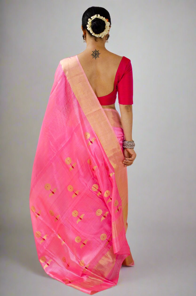 Handloom Pattu Silk Chanderi Saree With Motifs on Achal.