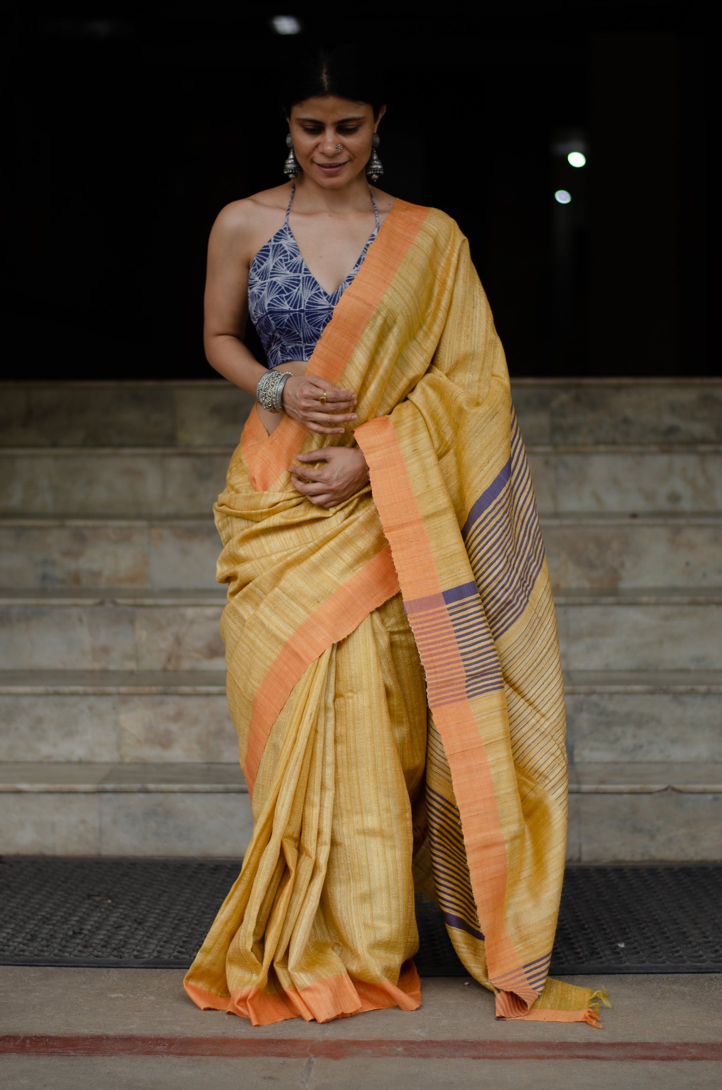 Gold Yellow & Blue Colour Handloom Tussar Silk Saree