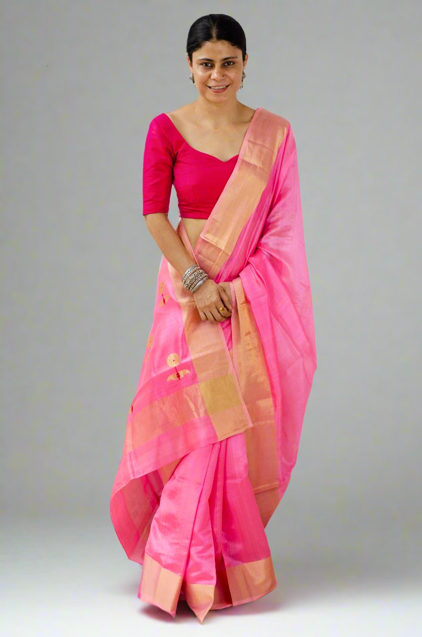 Handloom Pattu Silk Chanderi Saree With Motifs on Achal.