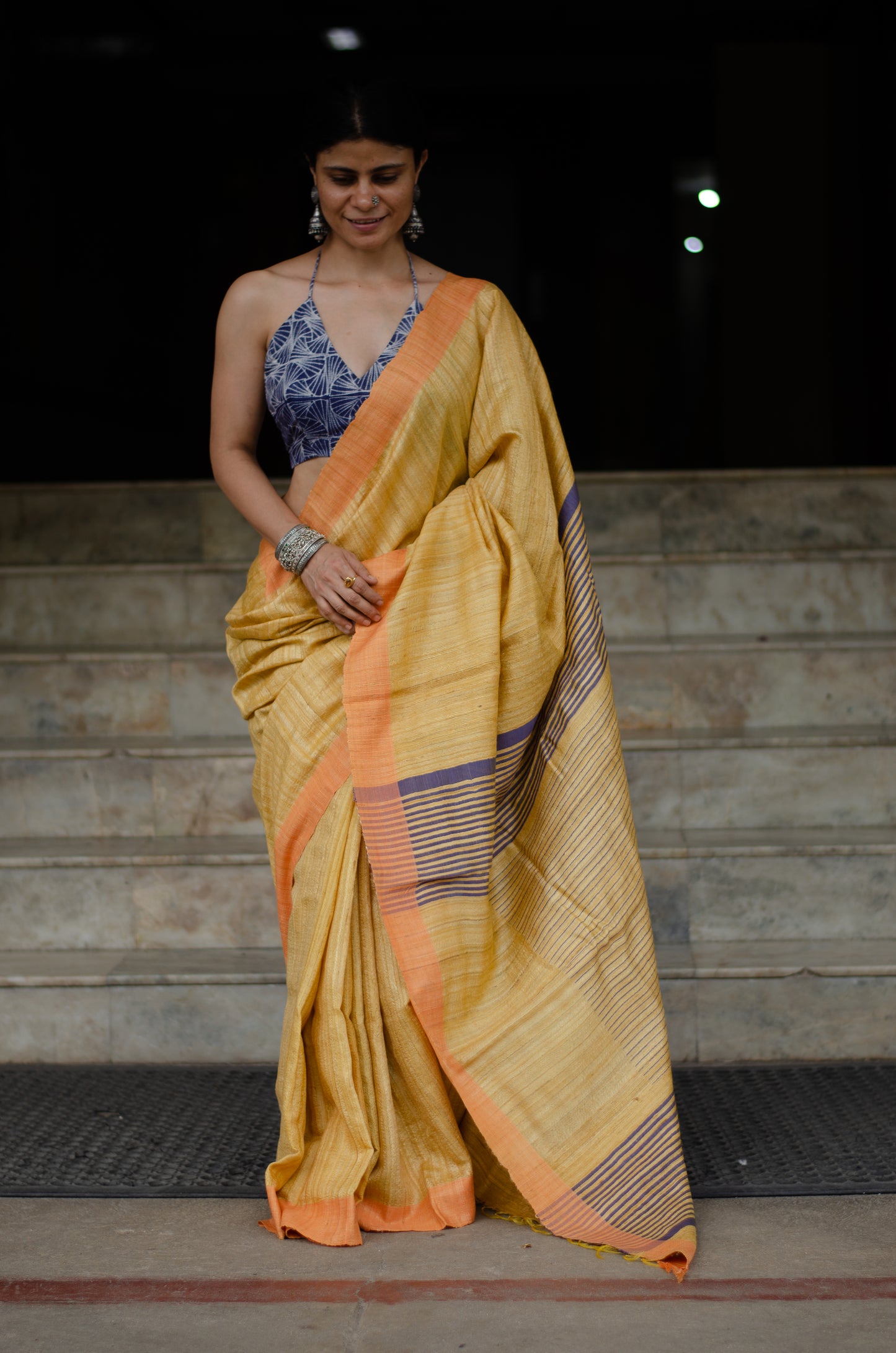 Gold Yellow & Blue Colour Handloom Tussar Silk Saree