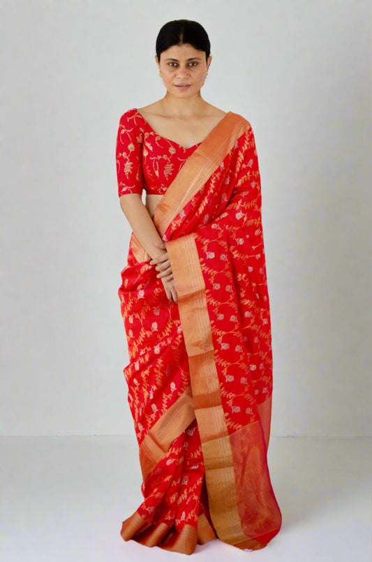 Red Colour Handloom Chanderi Pattu Silk Saree with Jaal motifs