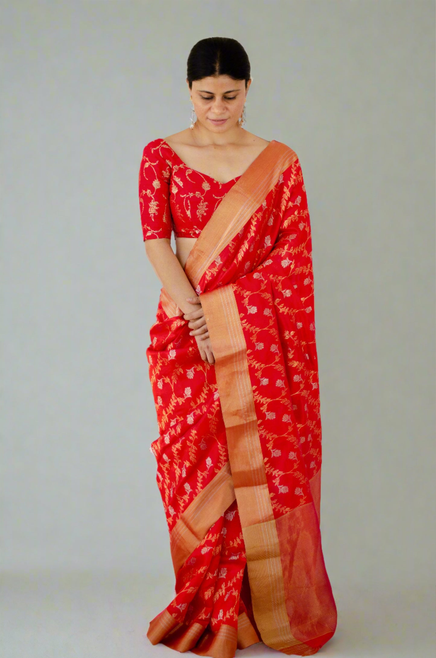 Red Colour Handloom Chanderi Pattu Silk Saree with Jaal motifs