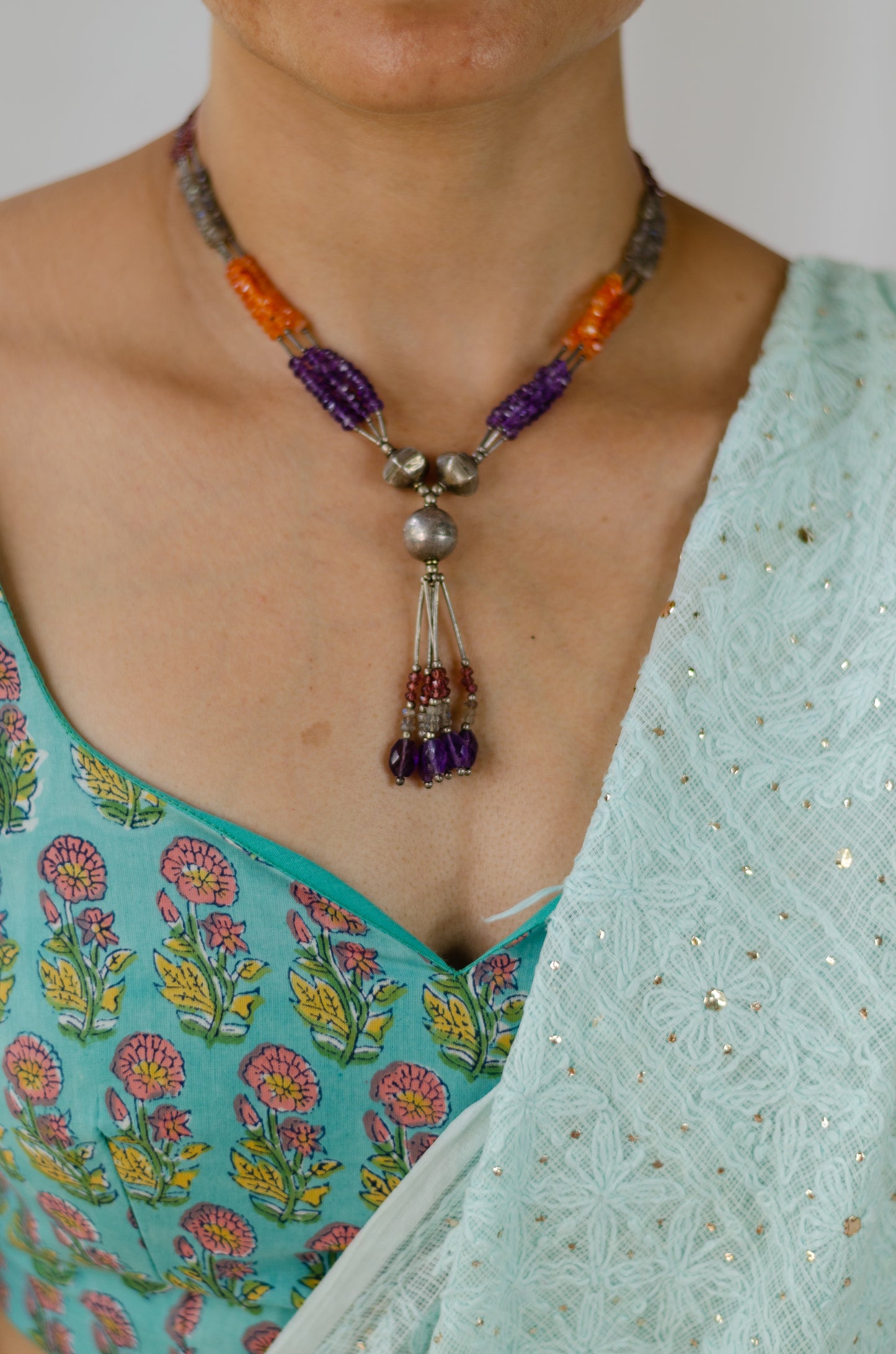 Handmade pure silver amethyst corneline labradorite and garnet stone .