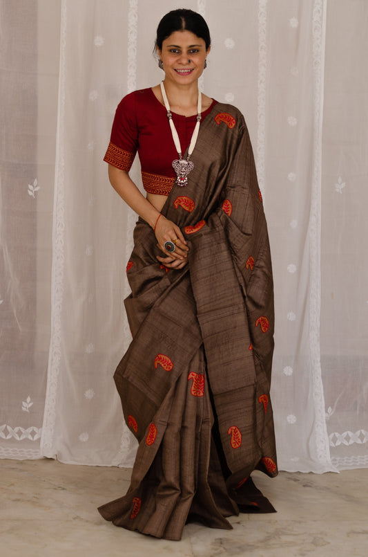 Dark Brown Colour Hand Embroidered Handloom Tussar Silk Saree