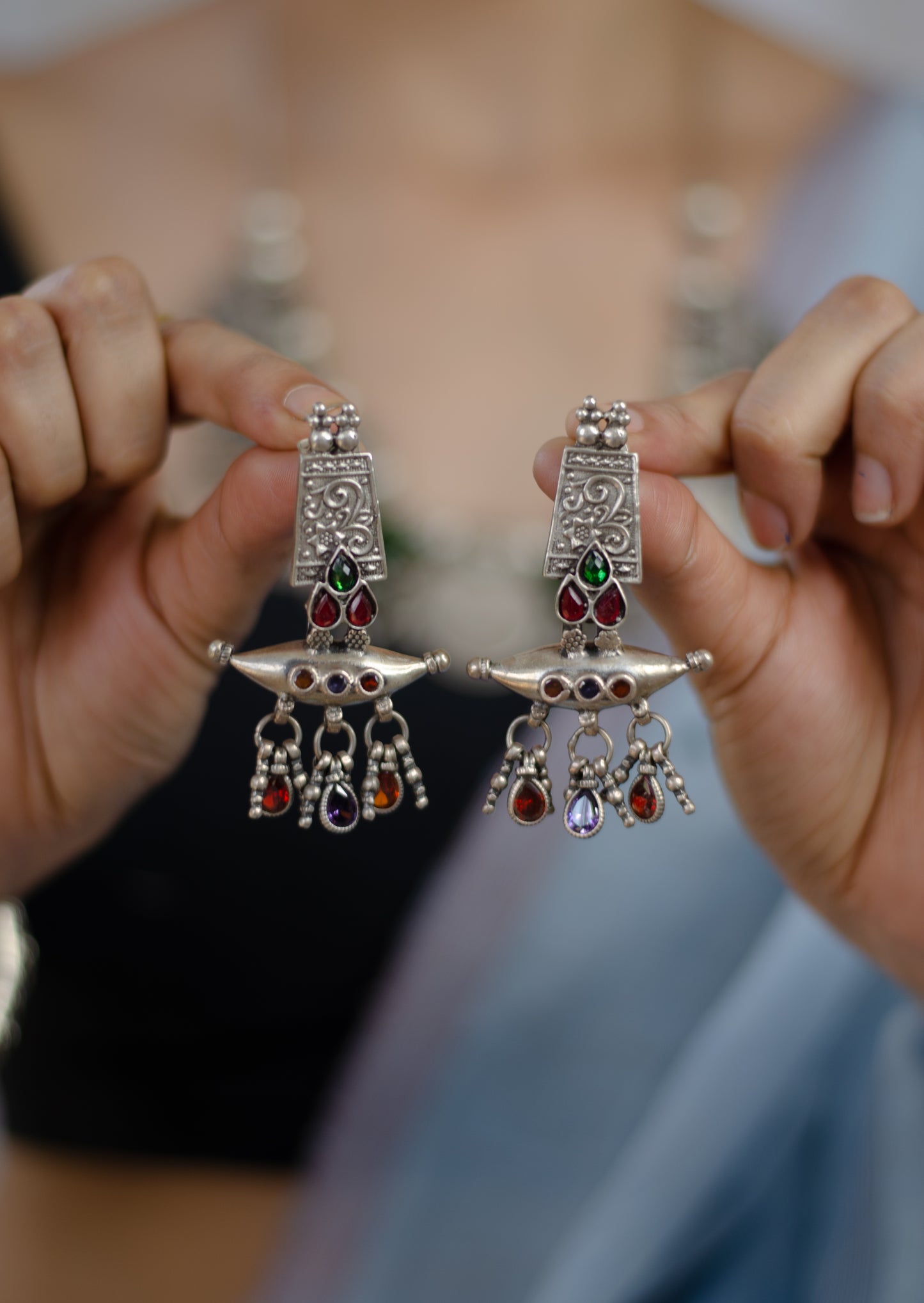 Handmade Silver tone earrings with stones.