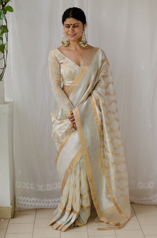 Cream Color Handloom Chanderi Pattu Silk With Woven Jaal Motifs in Gold Zari