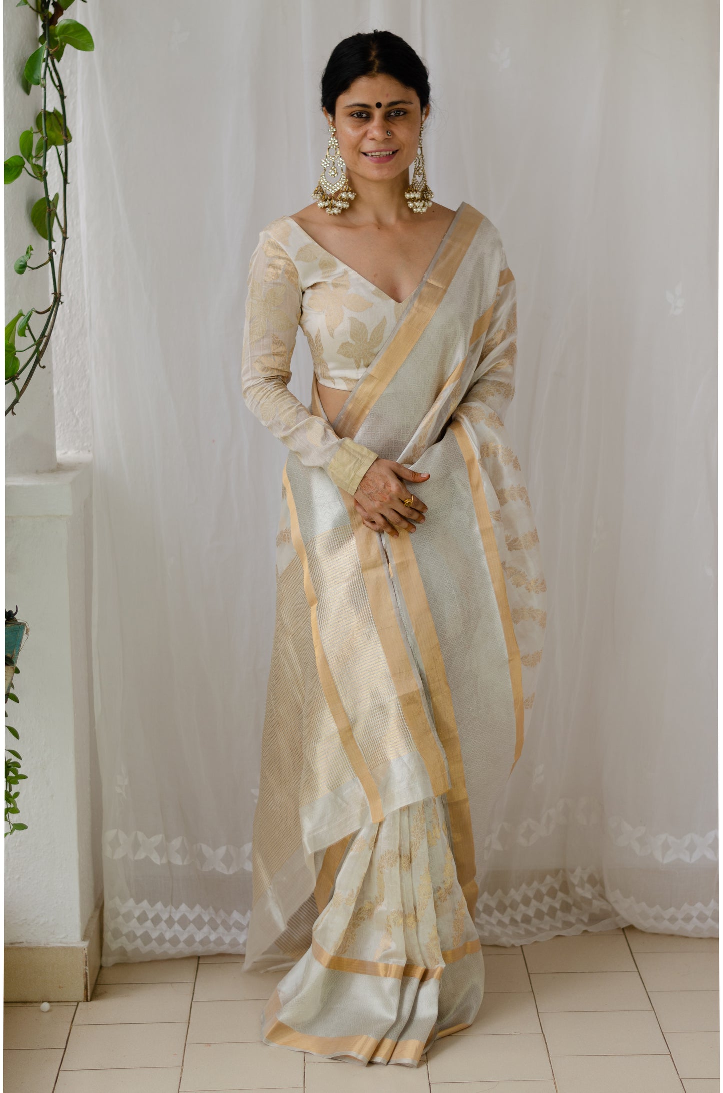 Cream Color Handloom Chanderi Pattu Silk With Woven Jaal Motifs in Gold Zari