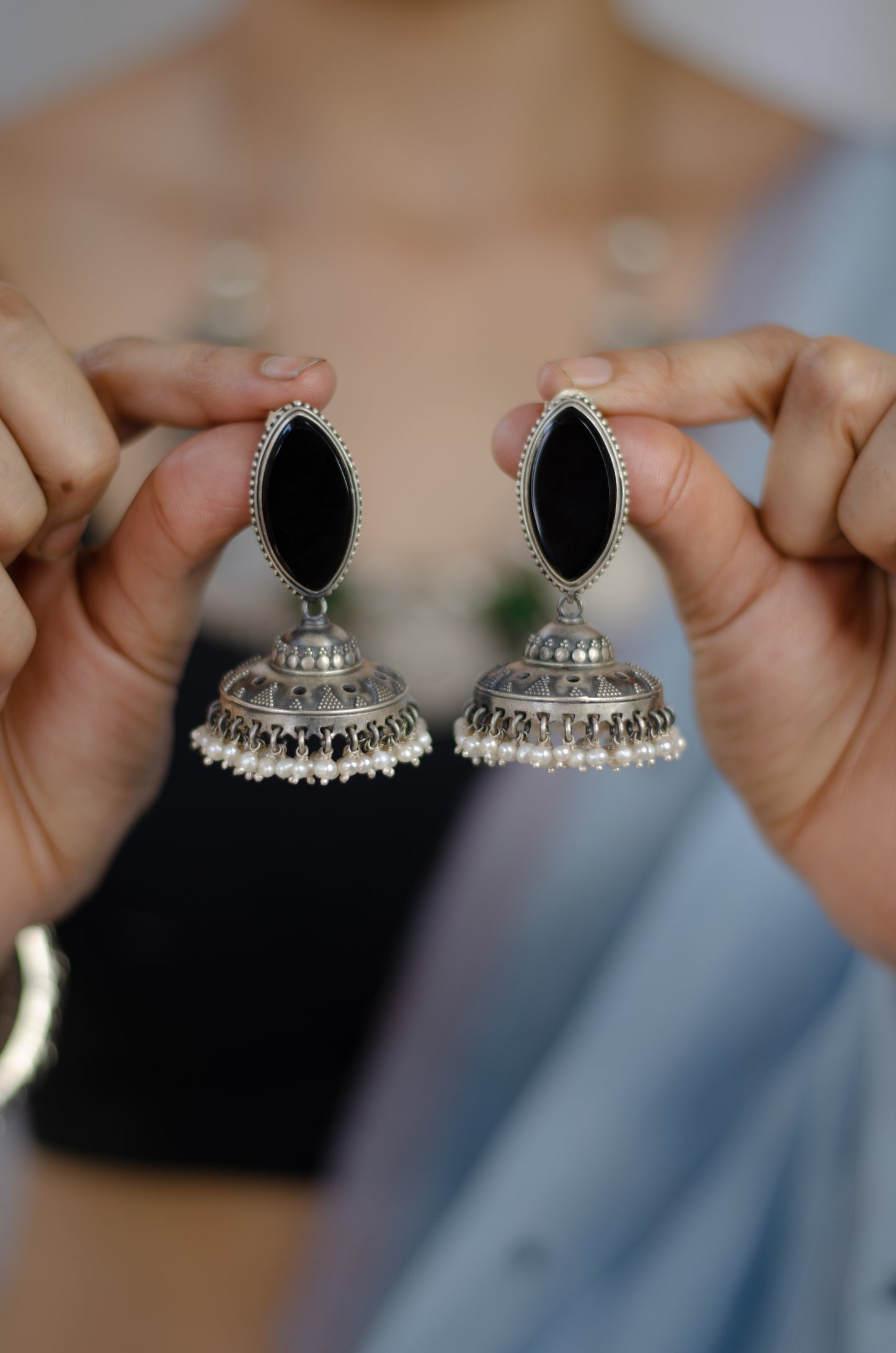 Handmade Silver  tone earrings with stone