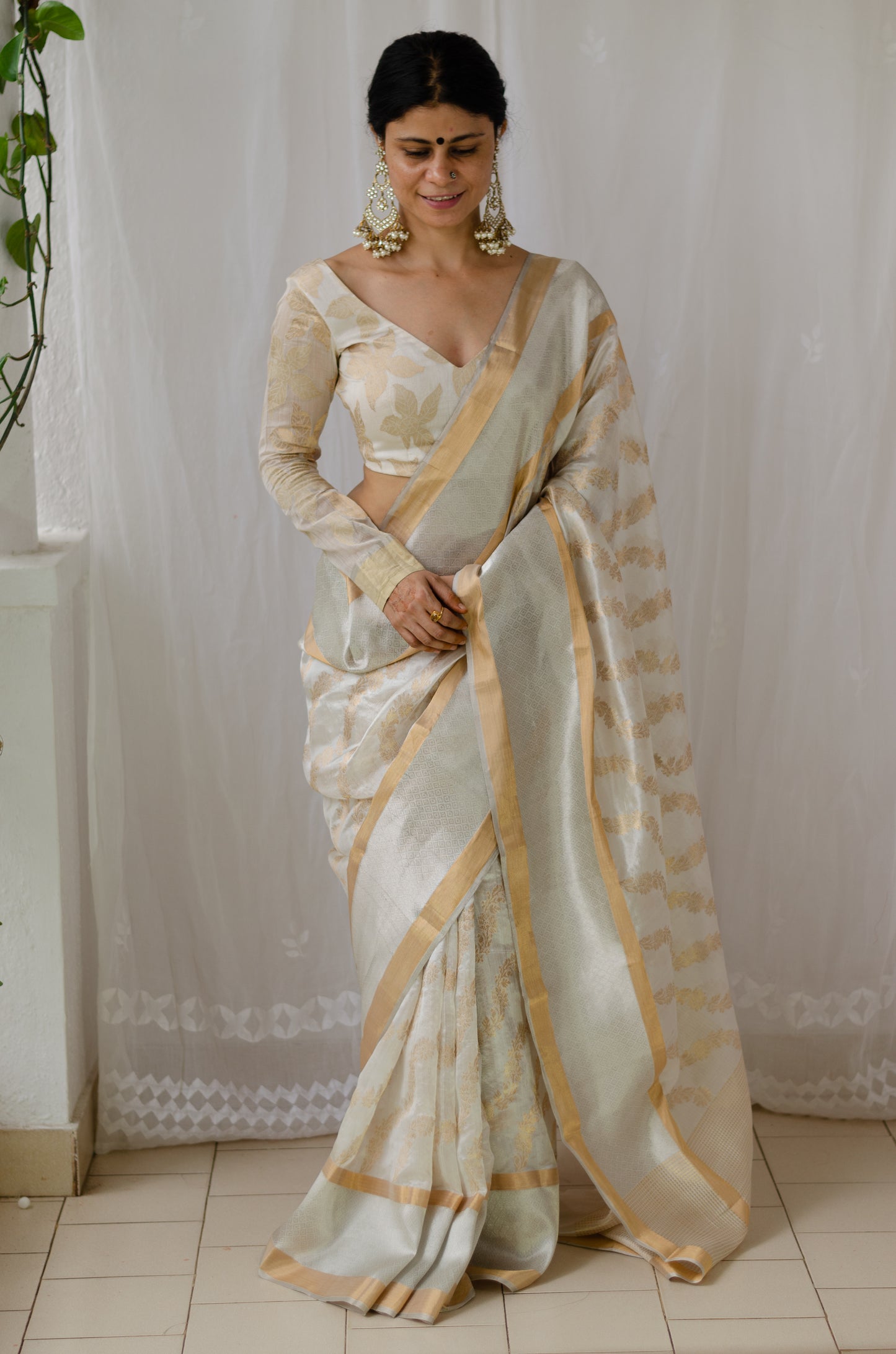 Cream Color Handloom Chanderi Pattu Silk With Woven Jaal Motifs in Gold Zari