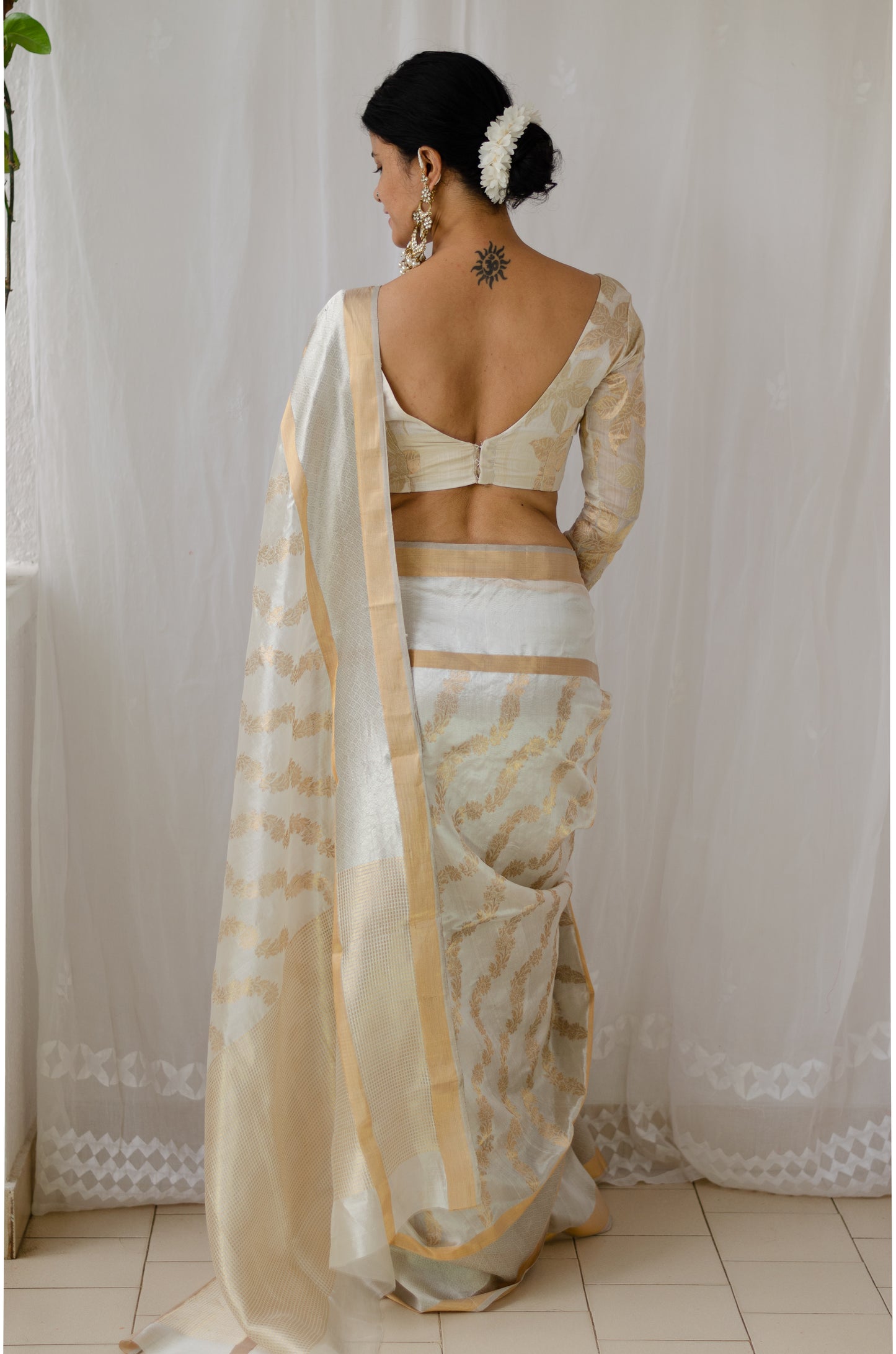 Cream Color Handloom Chanderi Pattu Silk With Woven Jaal Motifs in Gold Zari