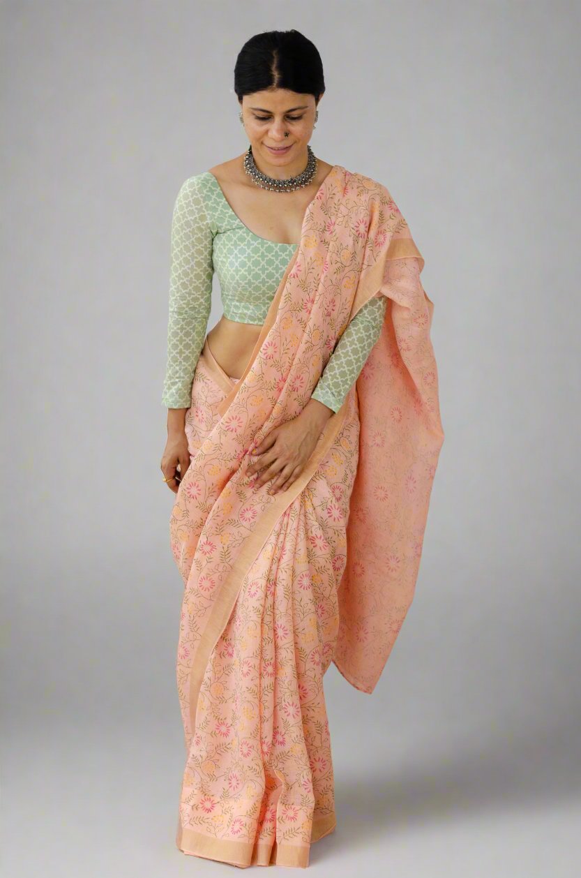 Handloom Linen Saree In Handblock Print.