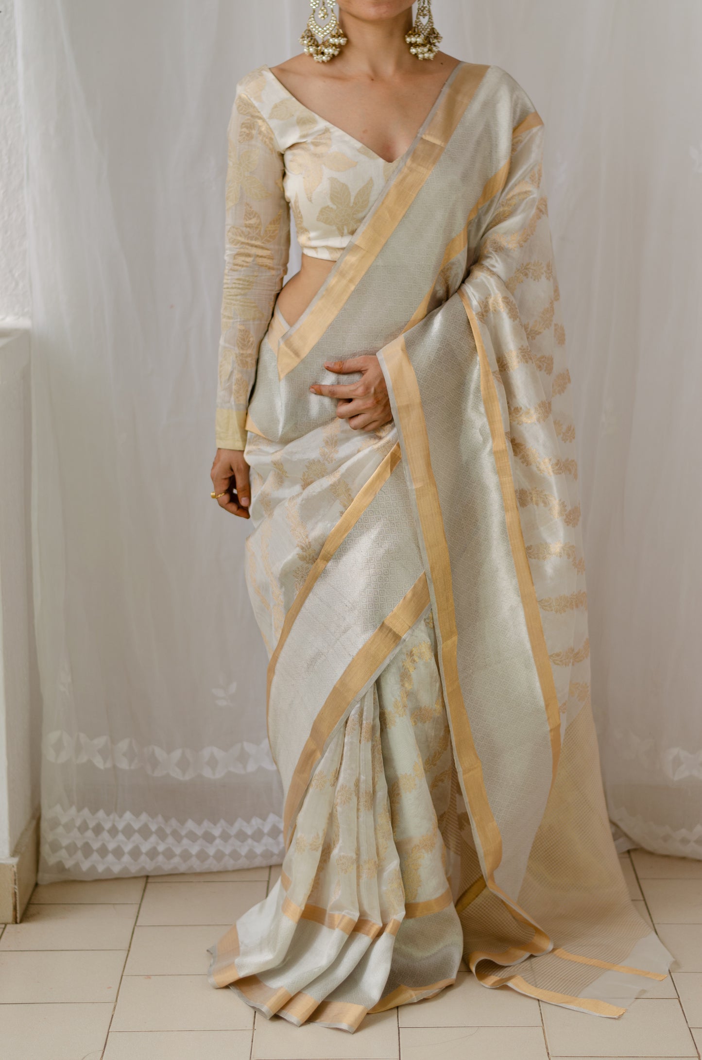 Cream Color Handloom Chanderi Pattu Silk With Woven Jaal Motifs in Gold Zari