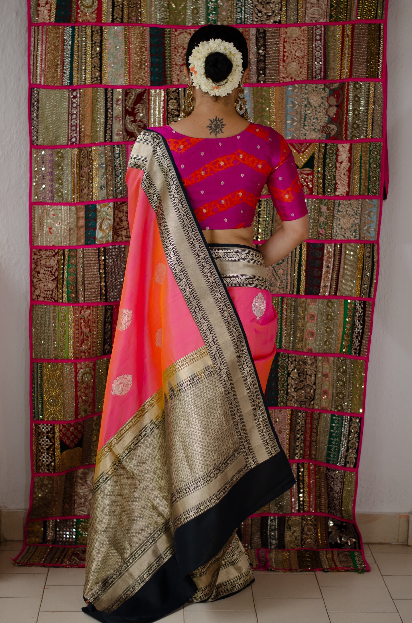 Peach Colour With Black Handwoven Banarasi Katan Silk Saree