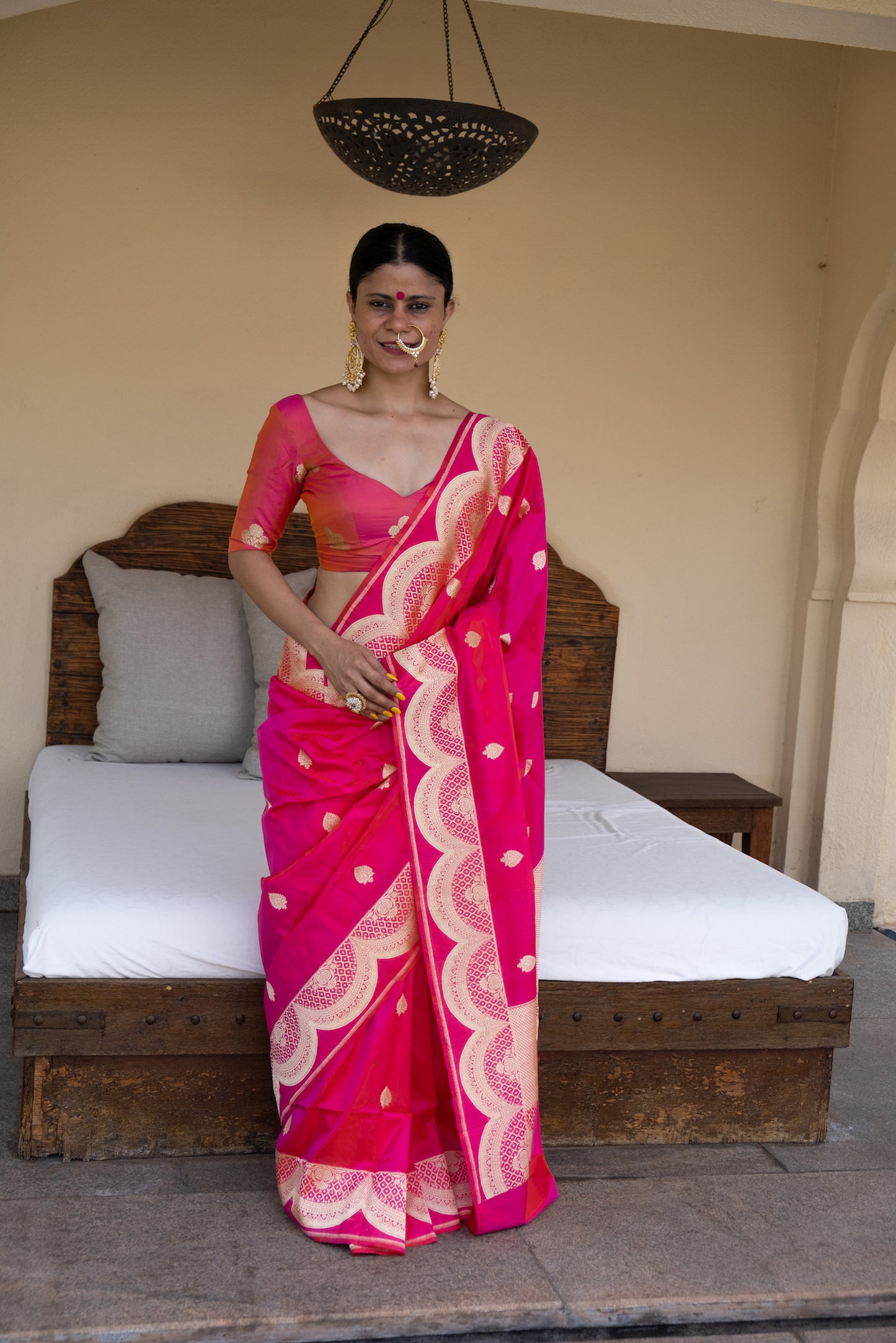 Rani Pink Colour with Gold Jari Mix Texture Colour Handwoven Kadwa Katan Silk Banarasi Saree
