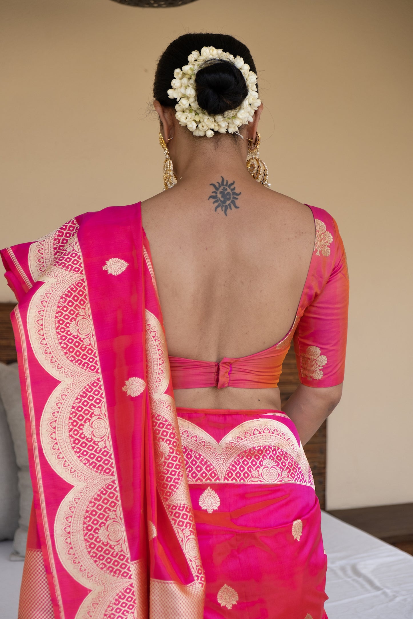 Rani Pink Colour with Gold Jari Mix Texture Colour Handwoven Kadwa Katan Silk Banarasi Saree