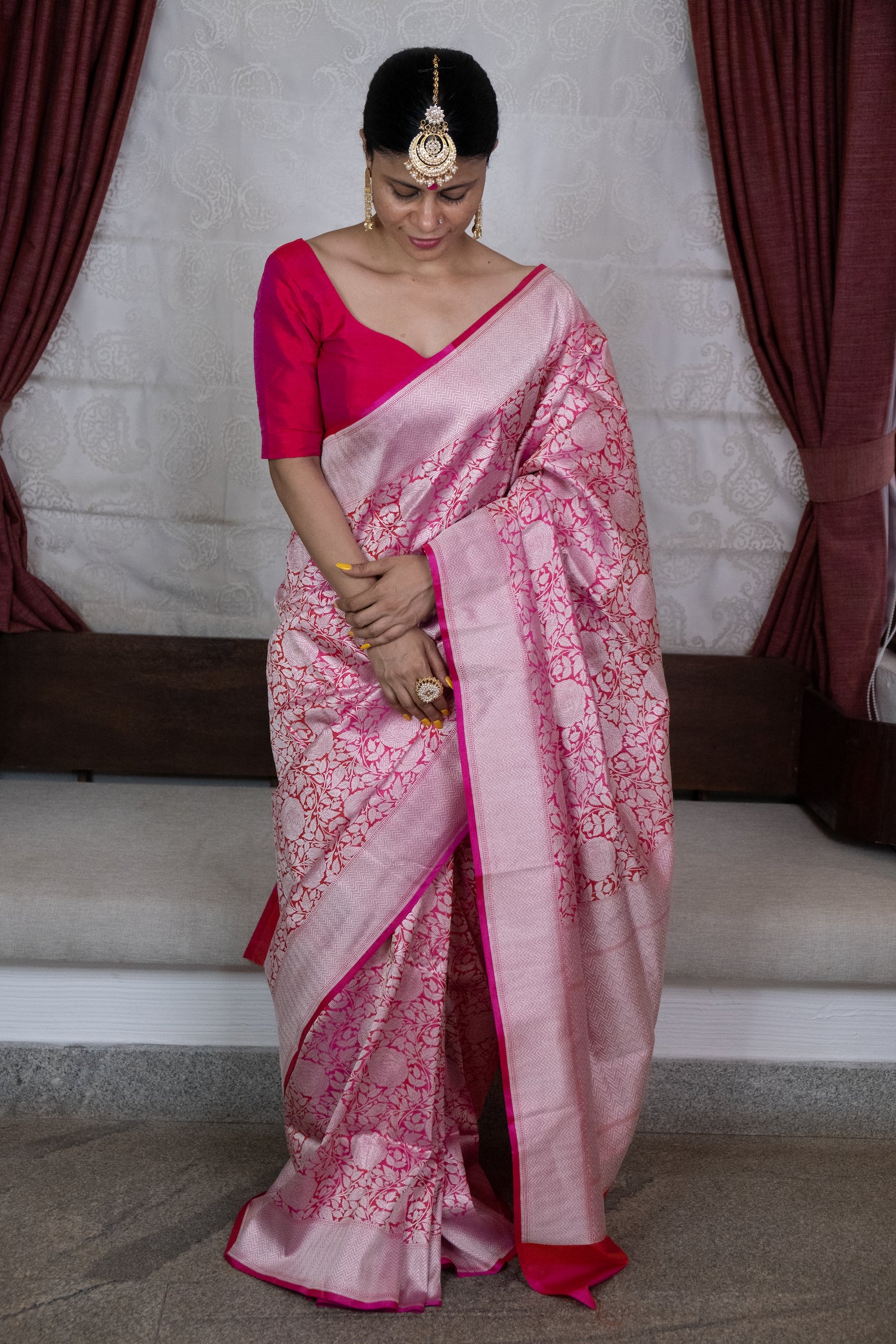 Pink  Colour with Silver  Handloom brocade Katan Silk Banarasi Saree
