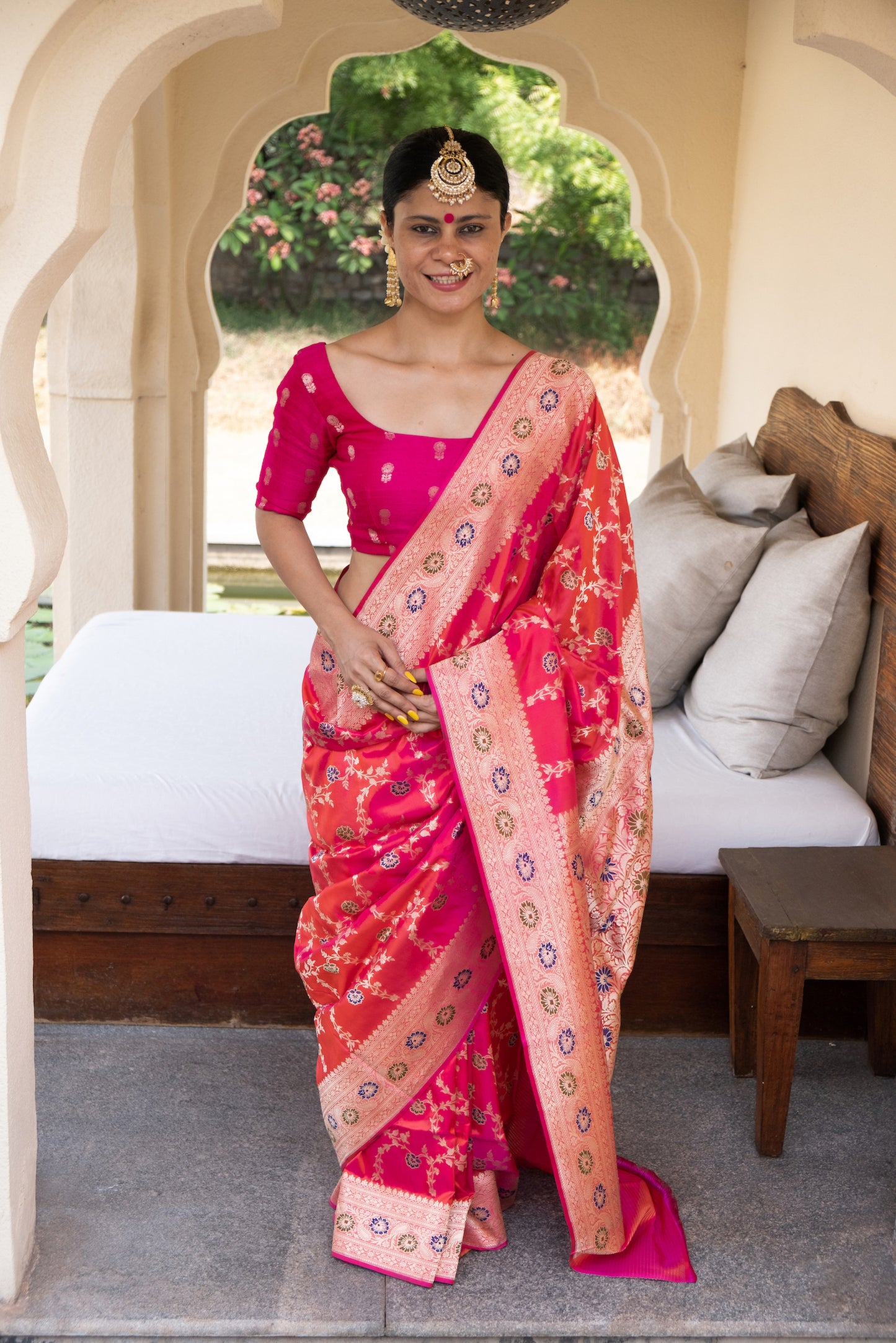 Dual Shade Rani Pink  Colour Handwoven Kadwa  Jaal Katan Silk Banarasi Saree