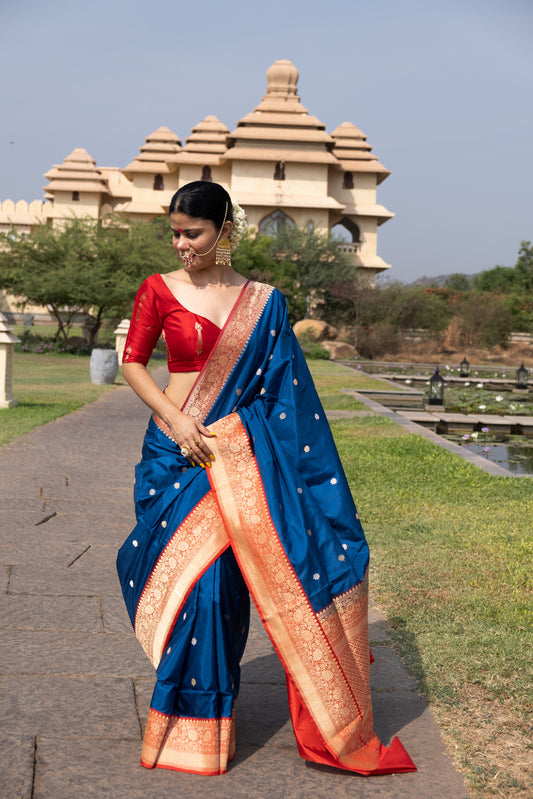 Blue  Colour Handwoven Kadwa Katan Silk Banarasi Saree