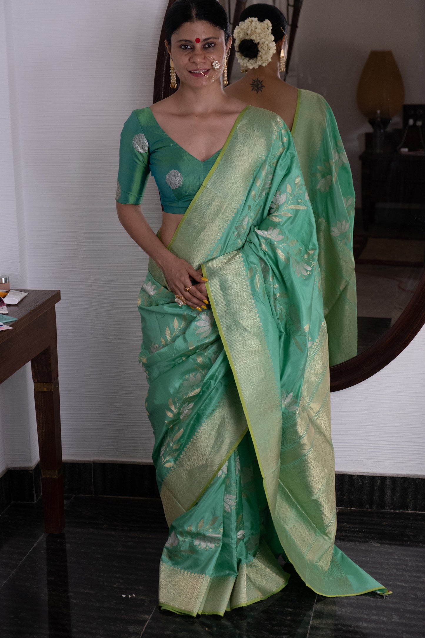 Deep Pista Green Handwoven Kadwa Katan Silk Banarasi Saree