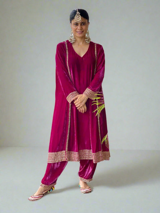 Hand embroidered Pure Silk Velevet kalidar Kurta with Pant